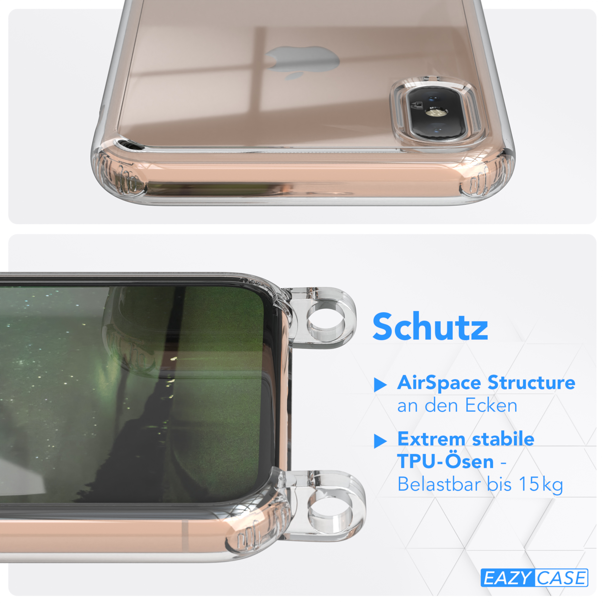 EAZY CASE Transparente Handyhülle mit / iPhone X Karabiner, + Umhängetasche, XS, runder / Apple, Gold Kordel Nachtgrün