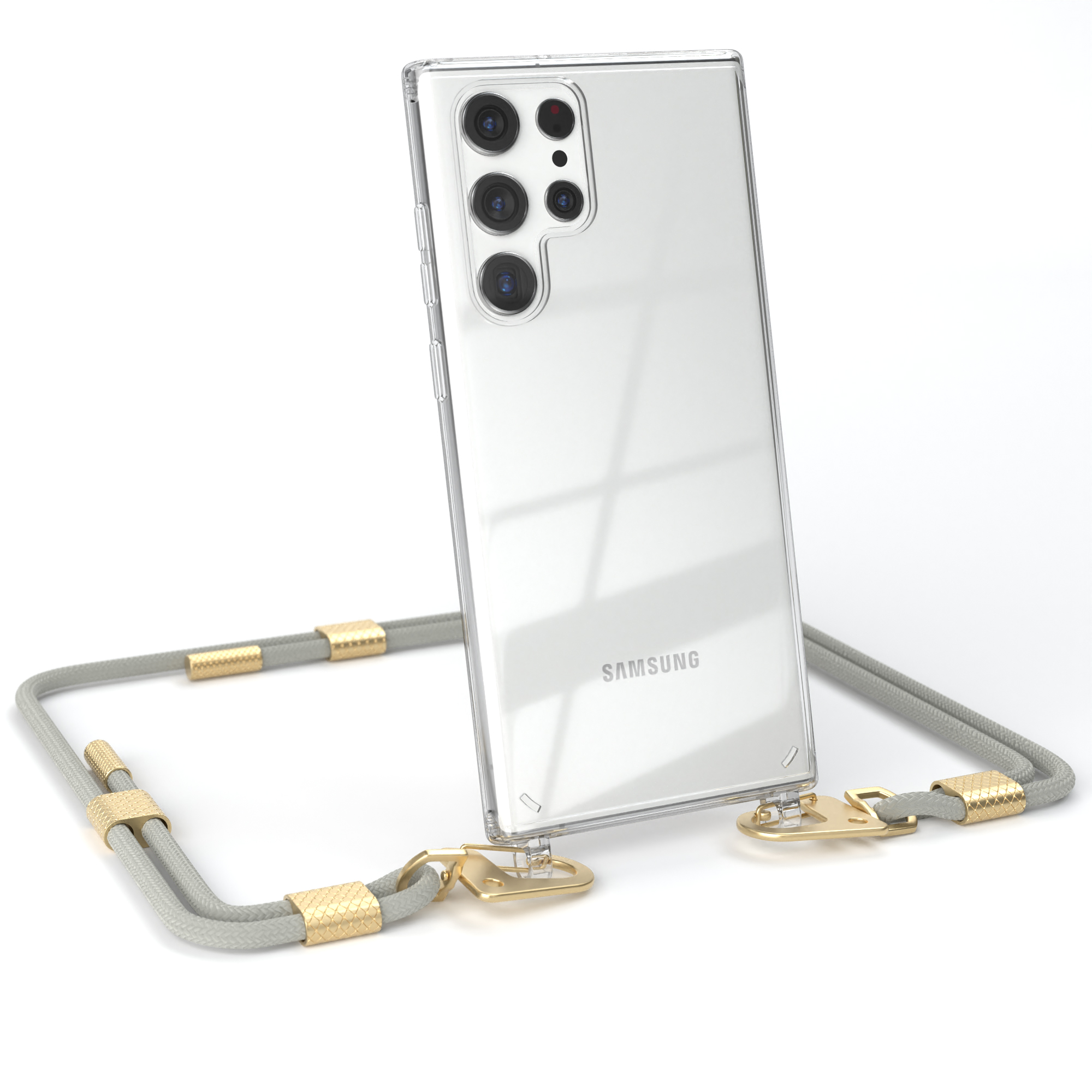 EAZY CASE Transparente Handyhülle + / Taupe Galaxy Beige Kordel Gold 5G, Samsung, mit Umhängetasche, Matt Karabiner, Ultra runder S22