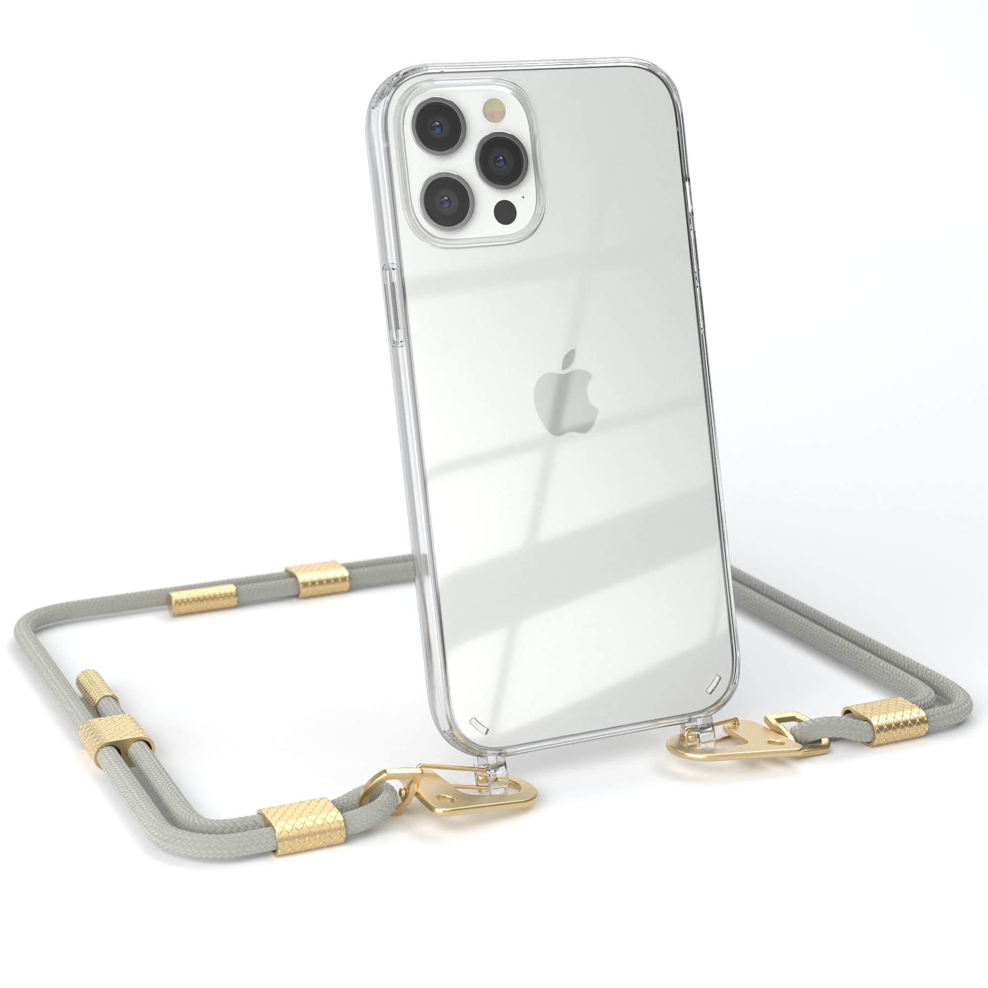 Eine transparente Handyhülle mit grauem Riemen und goldenen Akzenten, die ein Telefon hält.