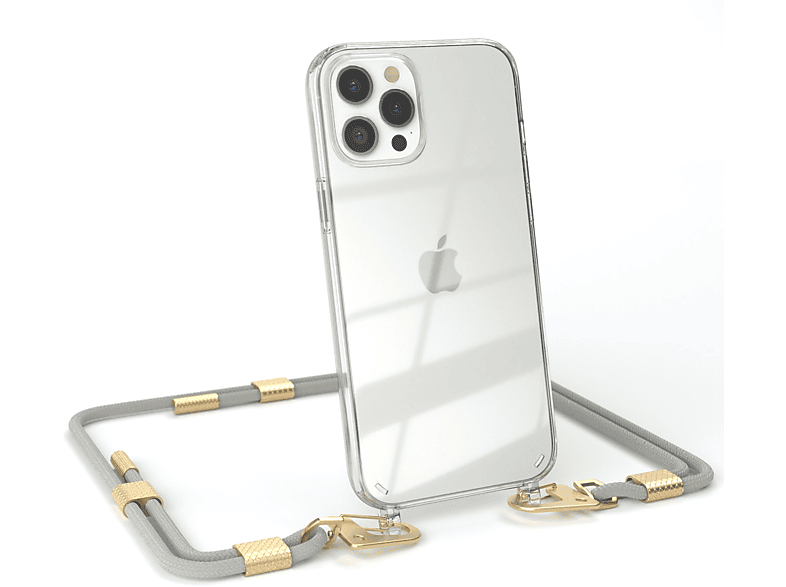 EAZY CASE Transparente Handyhülle mit runder Kordel + Karabiner, Umhängetasche, Apple, iPhone 12 Pro Max, Taupe Beige / Matt Gold