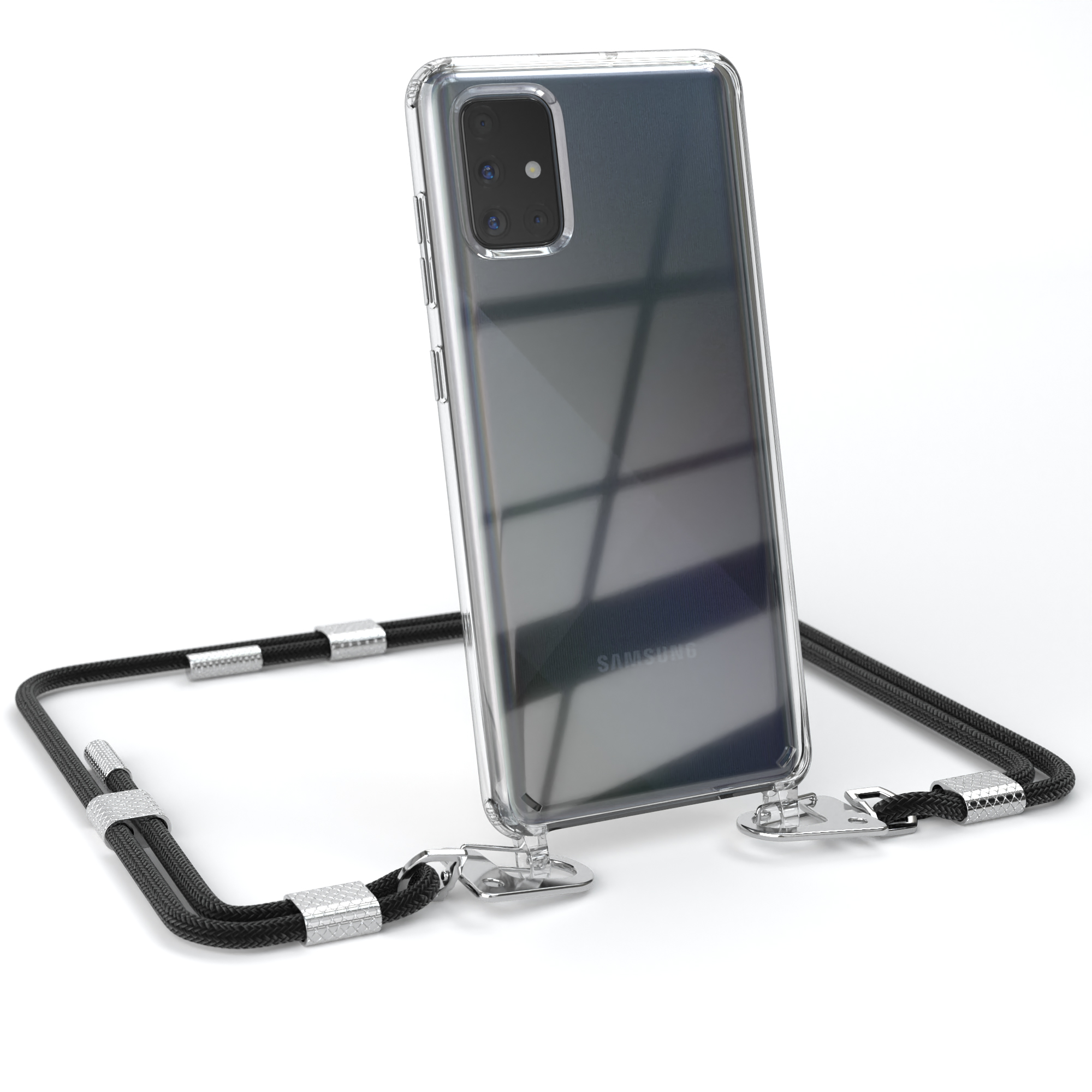 EAZY CASE Transparente A71, Umhängetasche, mit Kordel + Schwarz Handyhülle Silber Galaxy runder Karabiner, Samsung, 
