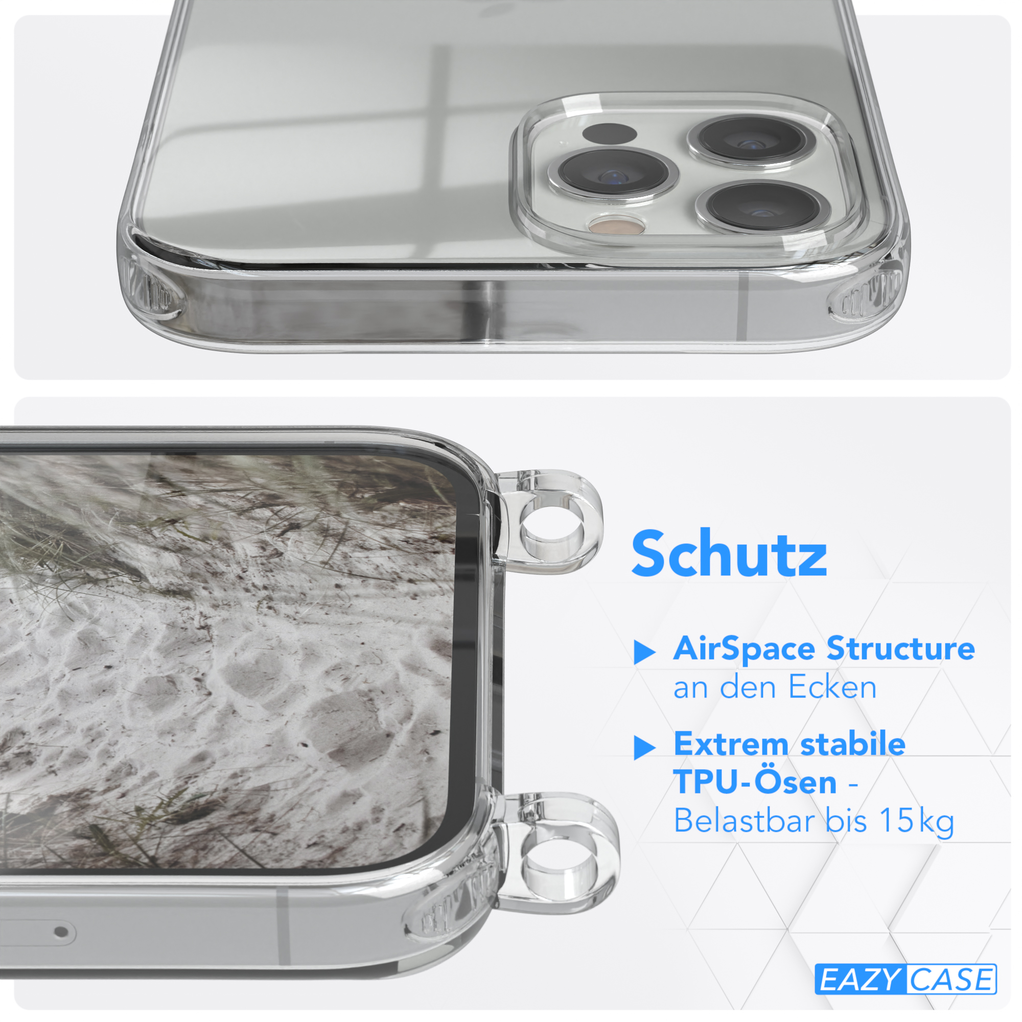 Transparente Handyhülle mit Telefon. Text: Schutz, AirSpace Structure, TPU-Ösen.