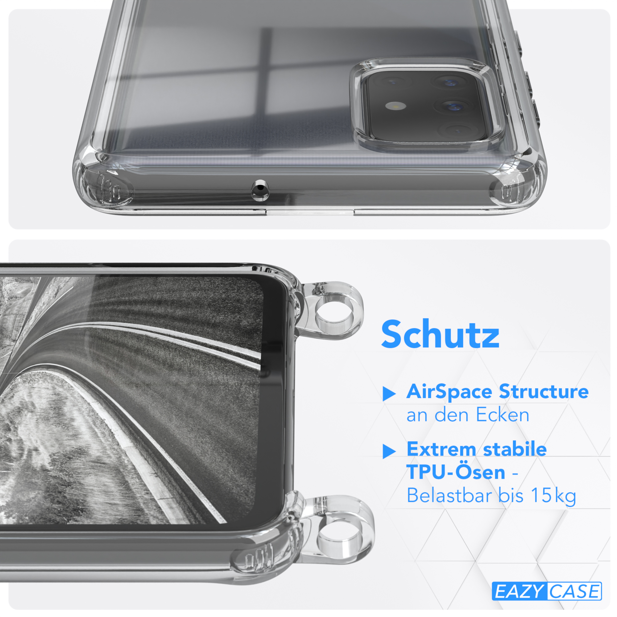 CASE Kordel Karabiner, A71, EAZY / runder Umhängetasche, Handyhülle Samsung, Transparente Schwarz Silber + Galaxy mit