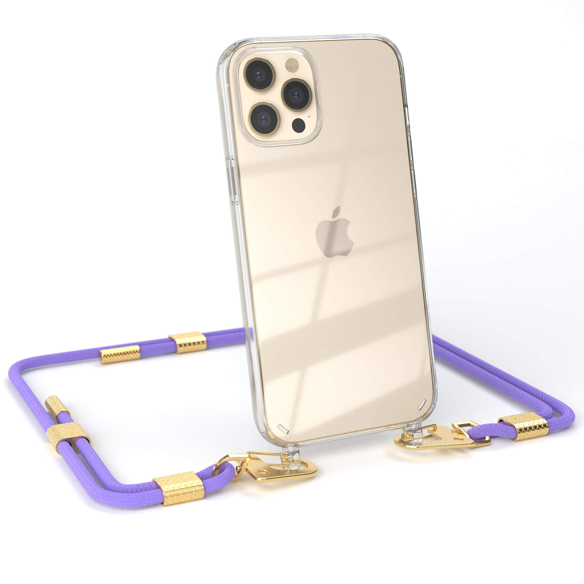 Transparente Handyhülle mit lila Kabel. Goldene Verschlüsse und weißer Hintergrund. Apple-Logo auf dem Telefon.