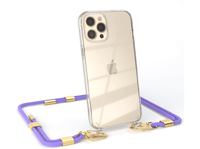 EAZY CASE Transparente Handyhülle mit runder Kordel + Karabiner, Umhängetasche, Apple, iPhone 12 Pro Max, Flieder Lila / Gold