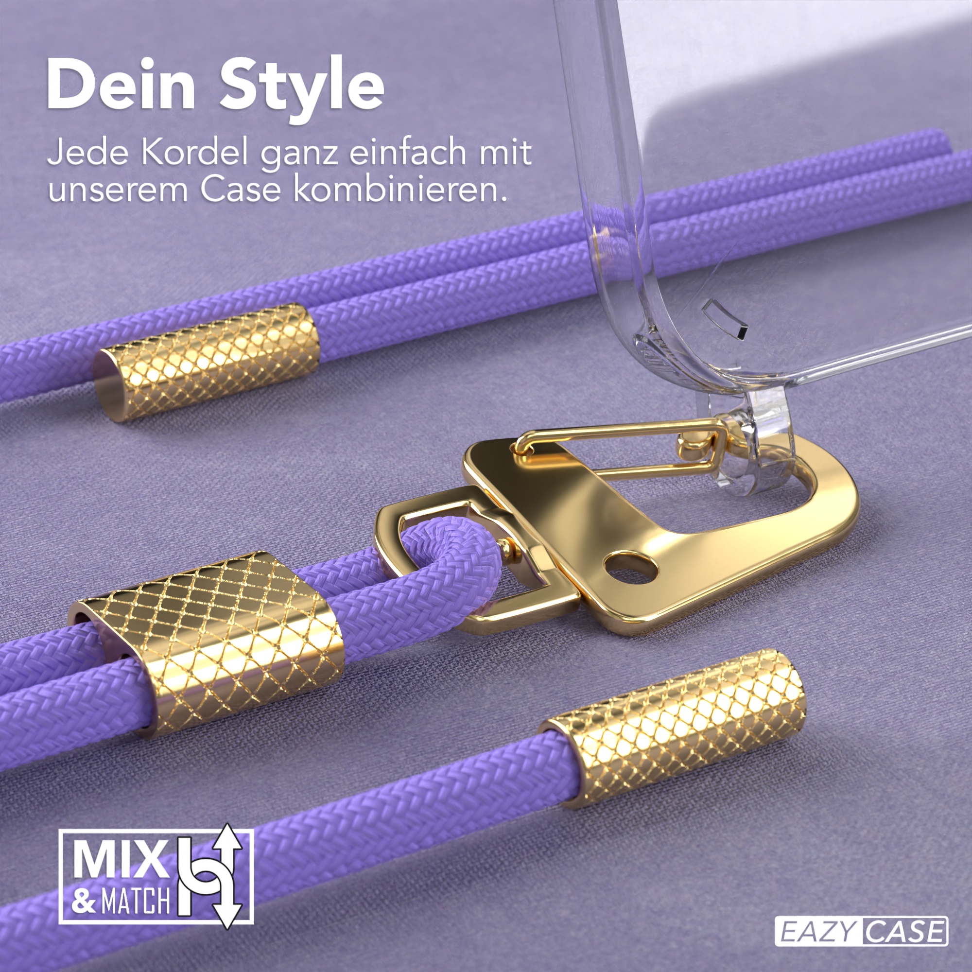 Nahaufnahme eines Telefonriemens mit lila Kordeln, goldenen Metallverbindern und EAZY CASE-Etikett.