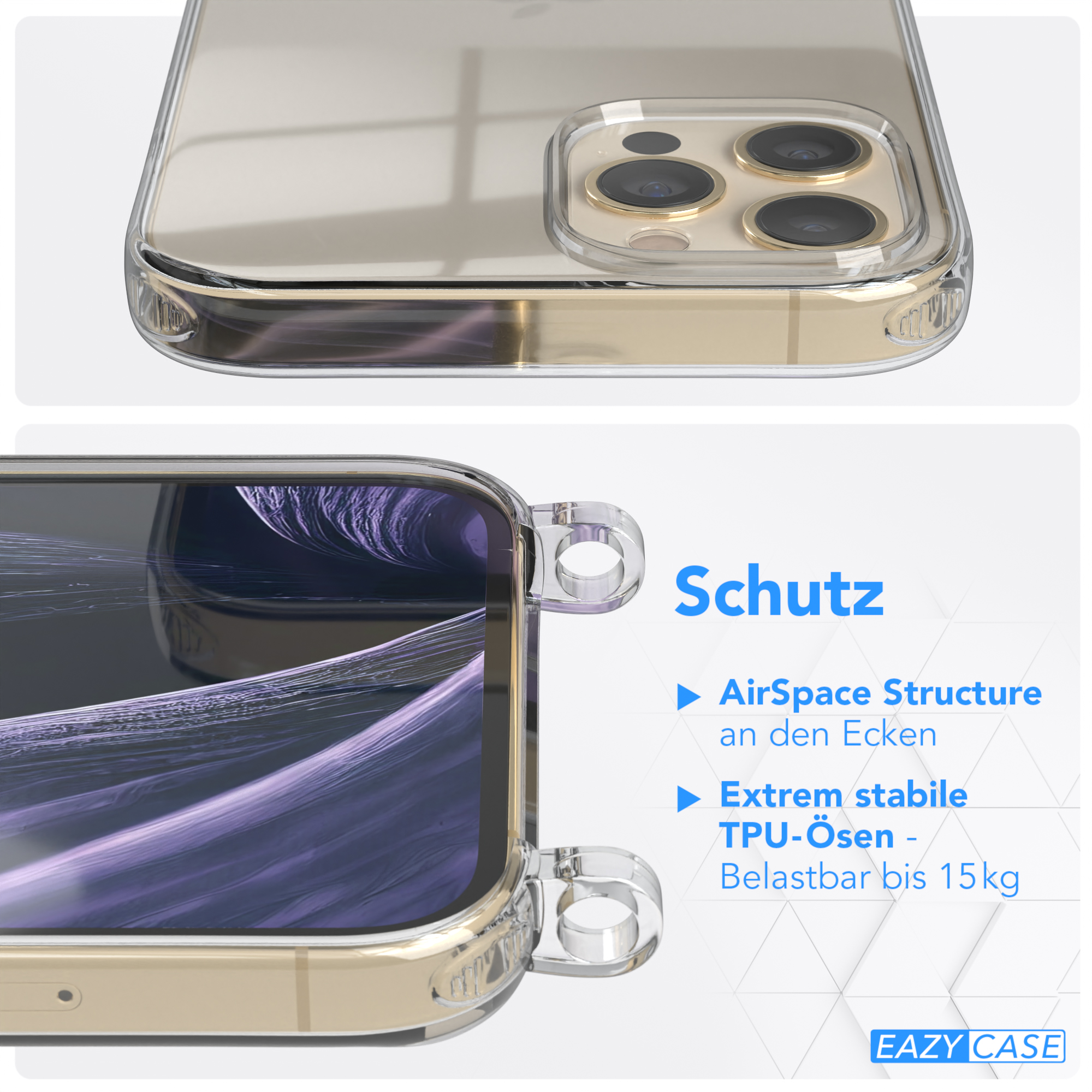 / Max, runder Flieder Umhängetasche, EAZY Gold Pro mit CASE Karabiner, 12 Apple, iPhone + Handyhülle Kordel Lila Transparente