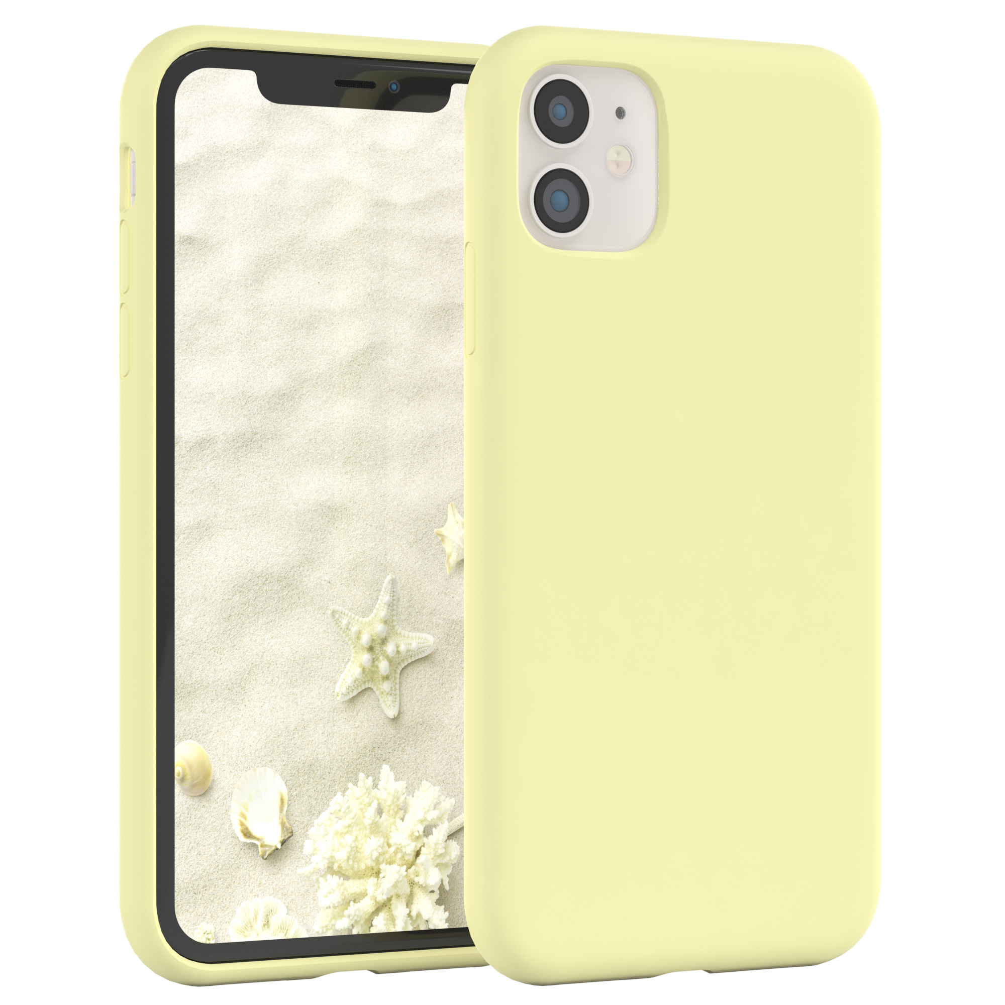 Gelbe Handyhülle, eine Strandszene auf dem Telefonbildschirm. Weißer Hintergrund mit Muscheln und Seesternen.