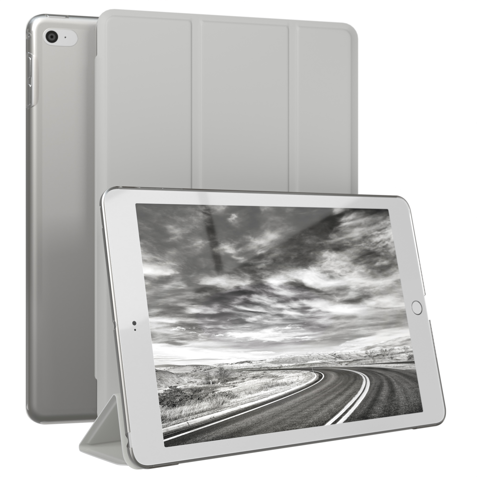 Silbernes Tablet mit weißem Gehäuse, weißer Hintergrund.