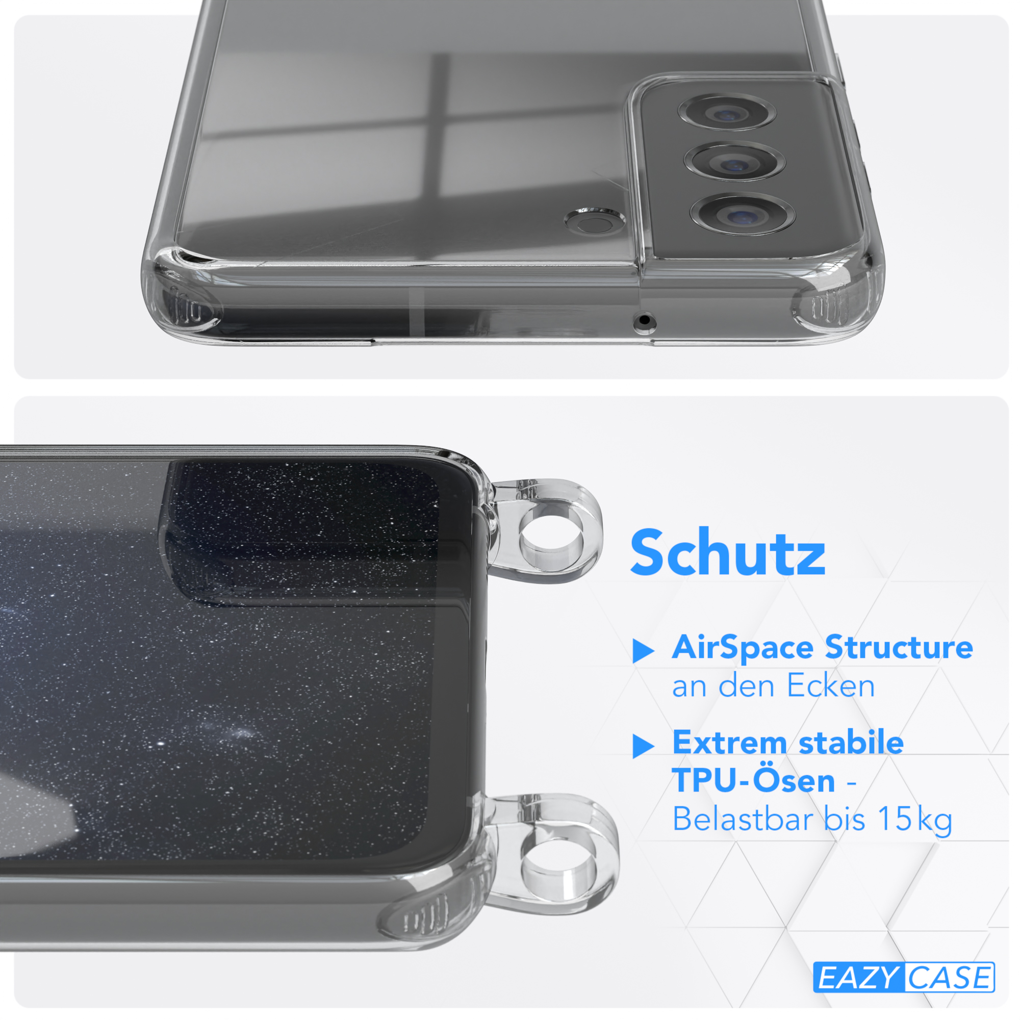 Transparente Handyhülle mit Telefon. Text: AirSpace Structure, Extrem stabile TPU-Ösen.