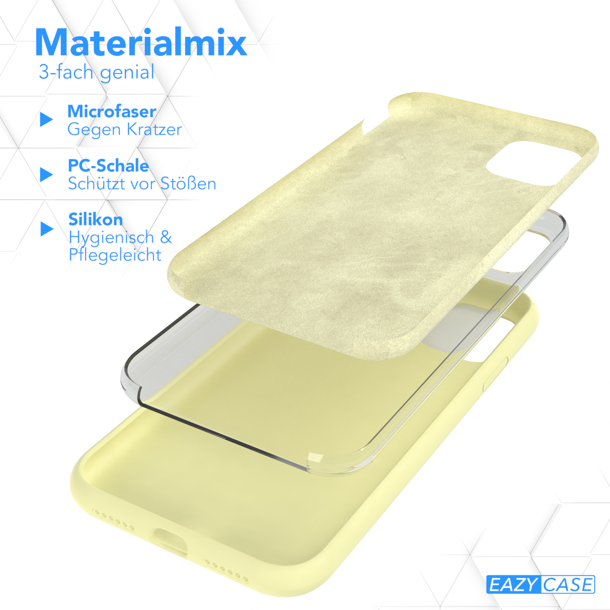 Handyhüllen-Materialschichten in Gelb. Die Materialien sind Mikrofaser, PC-Schale und Silikon.