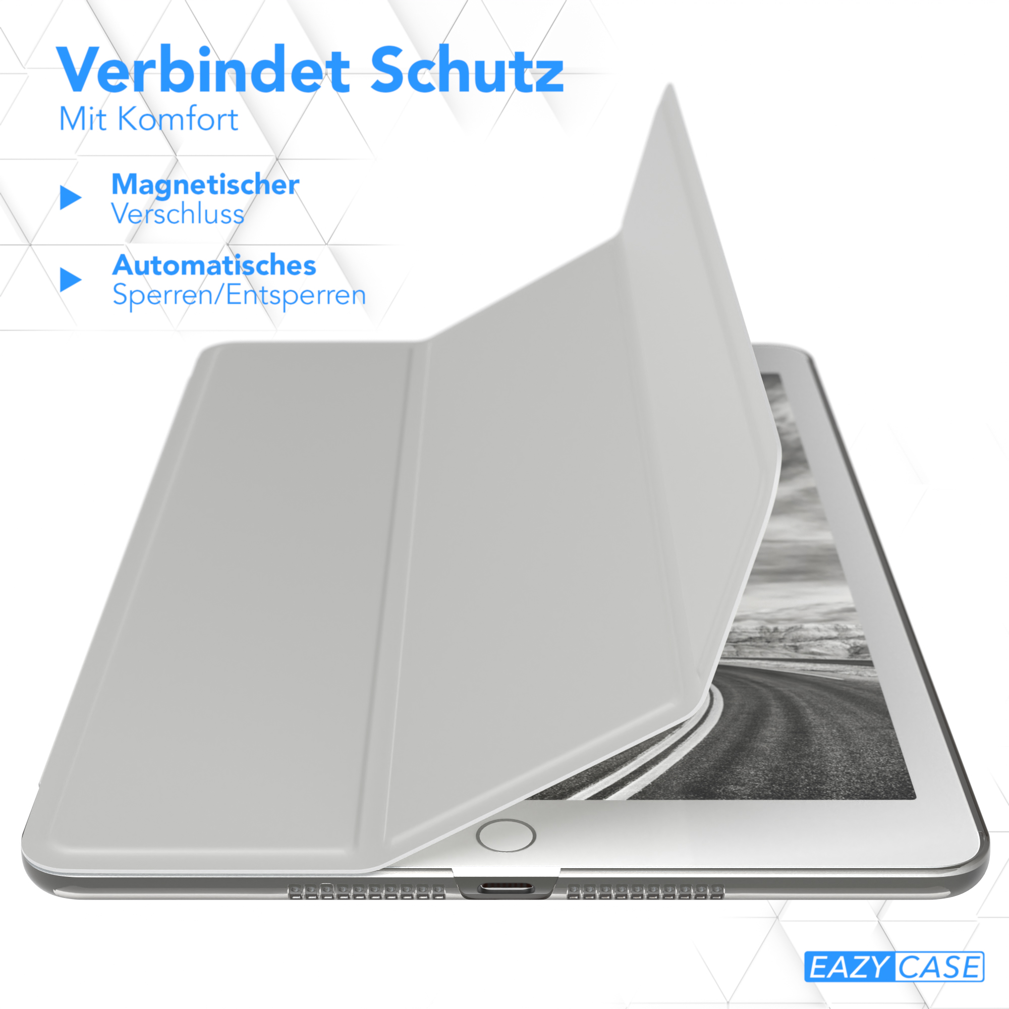 Eine Tablet-Hülle mit geöffneter weißer Abdeckung, die ein Straßenbild zeigt. Die Hülle ist hellgrau.