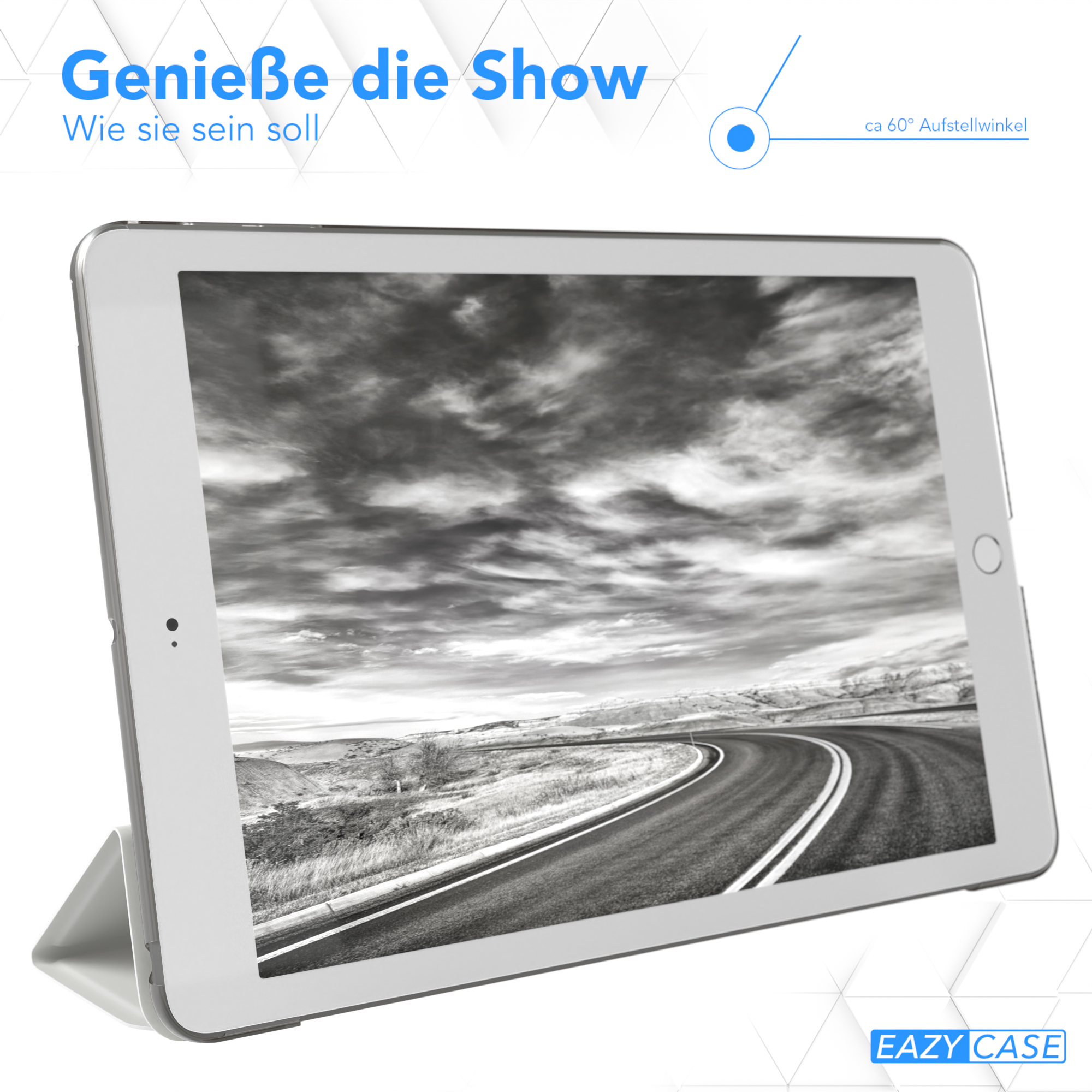 Tablet, das eine Straßenszene anzeigt, aufgestellt, Graustufen. Text: 'Genieße die Show'.
