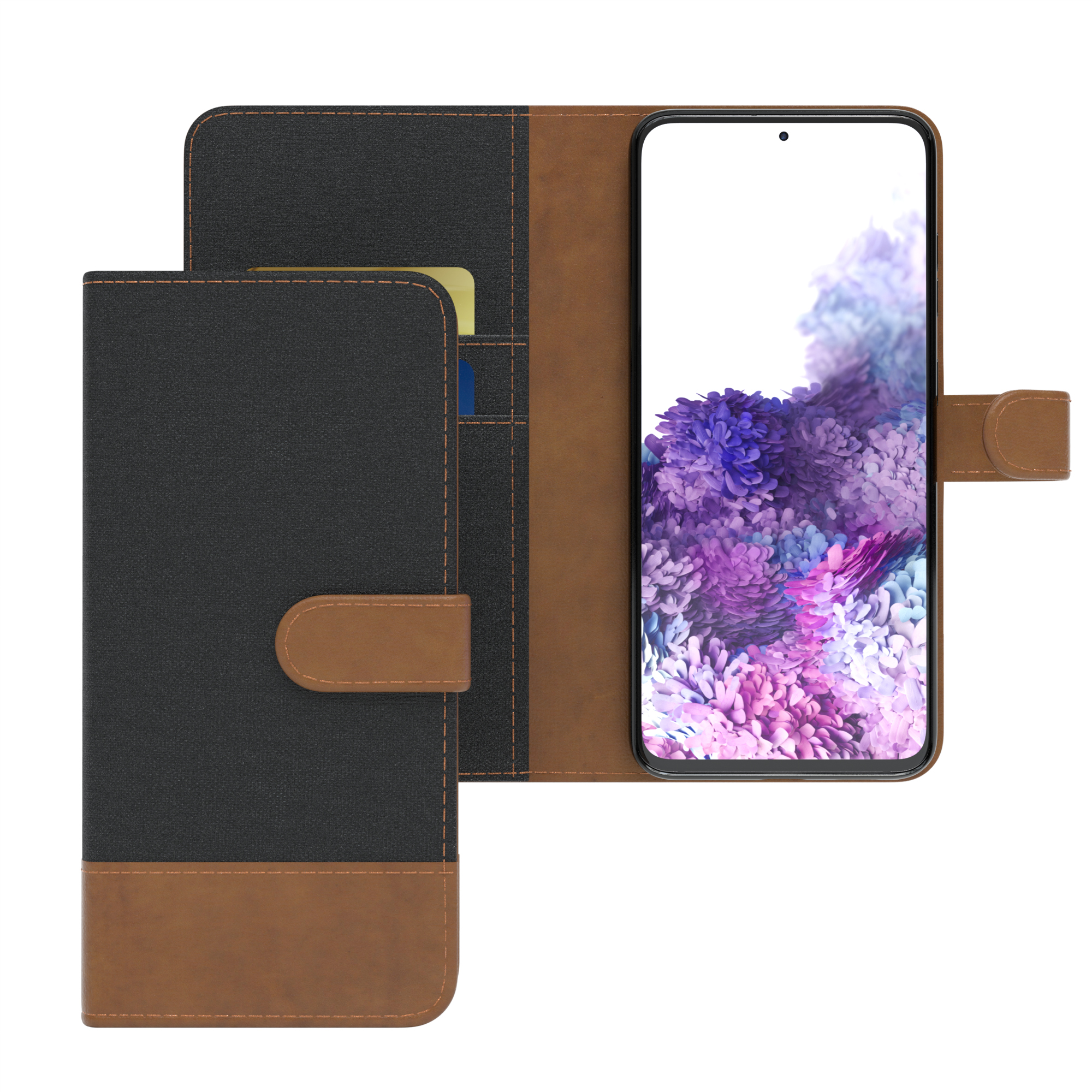 Schwarze und braune Handyhülle, geöffnet, um ein Telefon zu zeigen. Das Telefon zeigt Blumen.