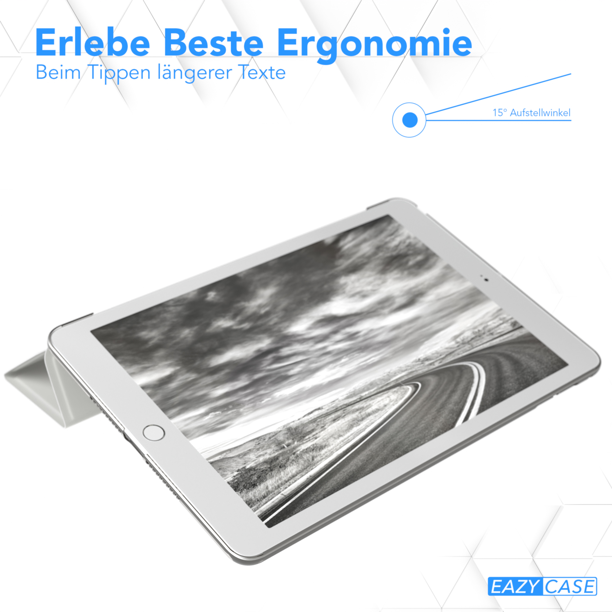 Ein Tablet mit Hülle, das ein Straßenbild zeigt, auf einem Tisch mit Etikett.