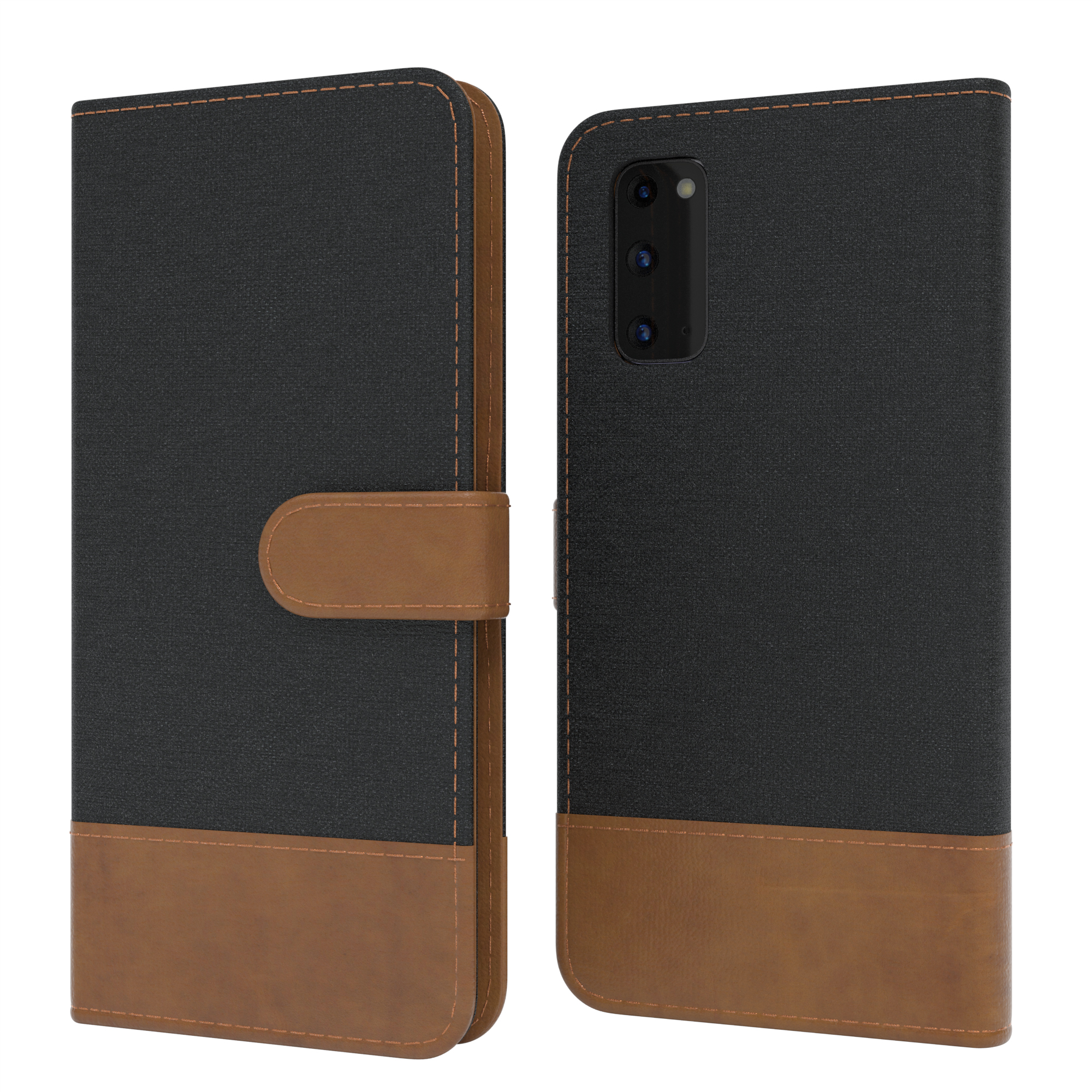 Schwarz-braune Handyhülle, offen und geschlossen, das Telefon zeigend. Braune Nahtdetails.