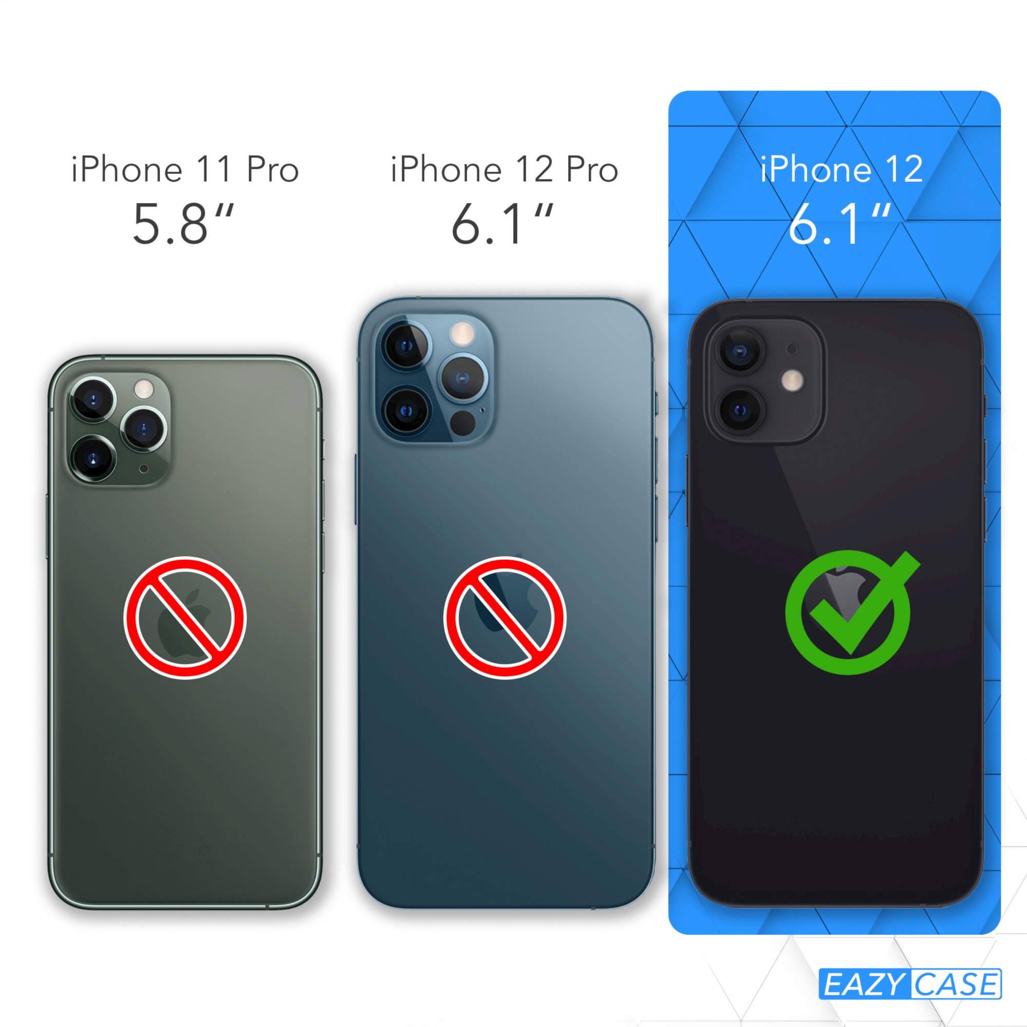 Drei iPhones. Links: 11 Pro. Mitte: 12 Pro. Rechts: 12. iPhone 12 hat ein Häkchen.