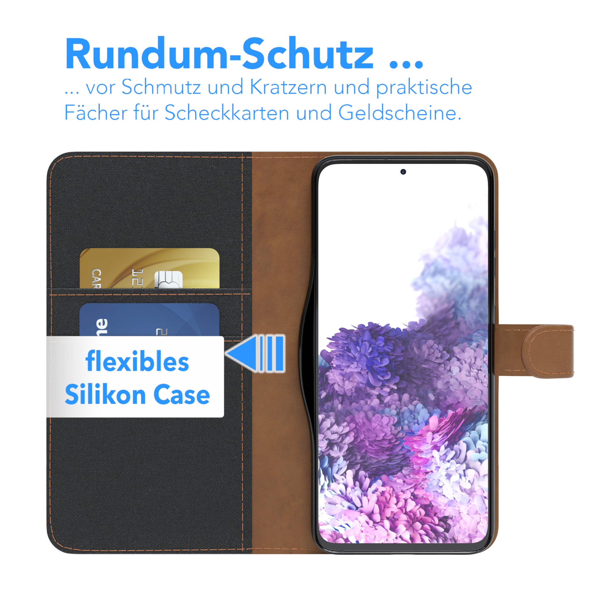 Eine Handyhülle mit Karten und Telefon, mit lederähnlicher Außenseite.