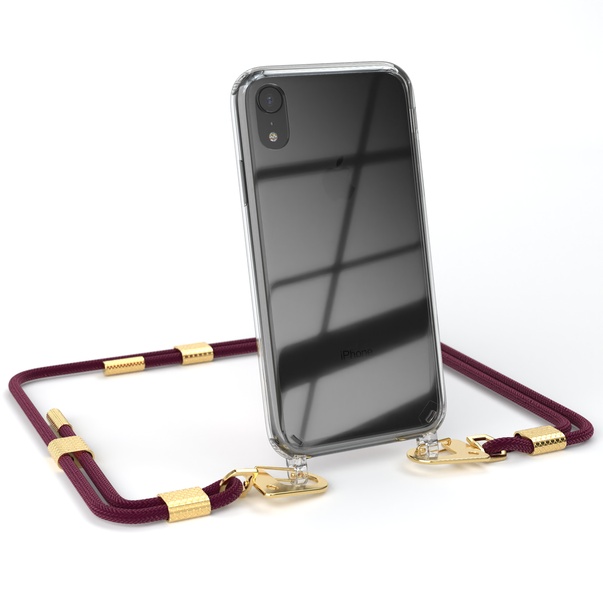 Klare Handyhülle mit Telefon und Lanyard. Das Lanyard ist weinrot und goldfarben.