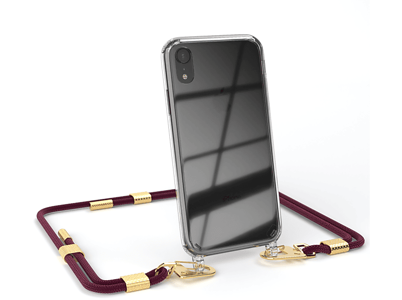 EAZY CASE Transparente Handyhülle mit Karabiner, + iPhone Apple, Bordeaux Gold Umhängetasche, XR, runder Kordel 