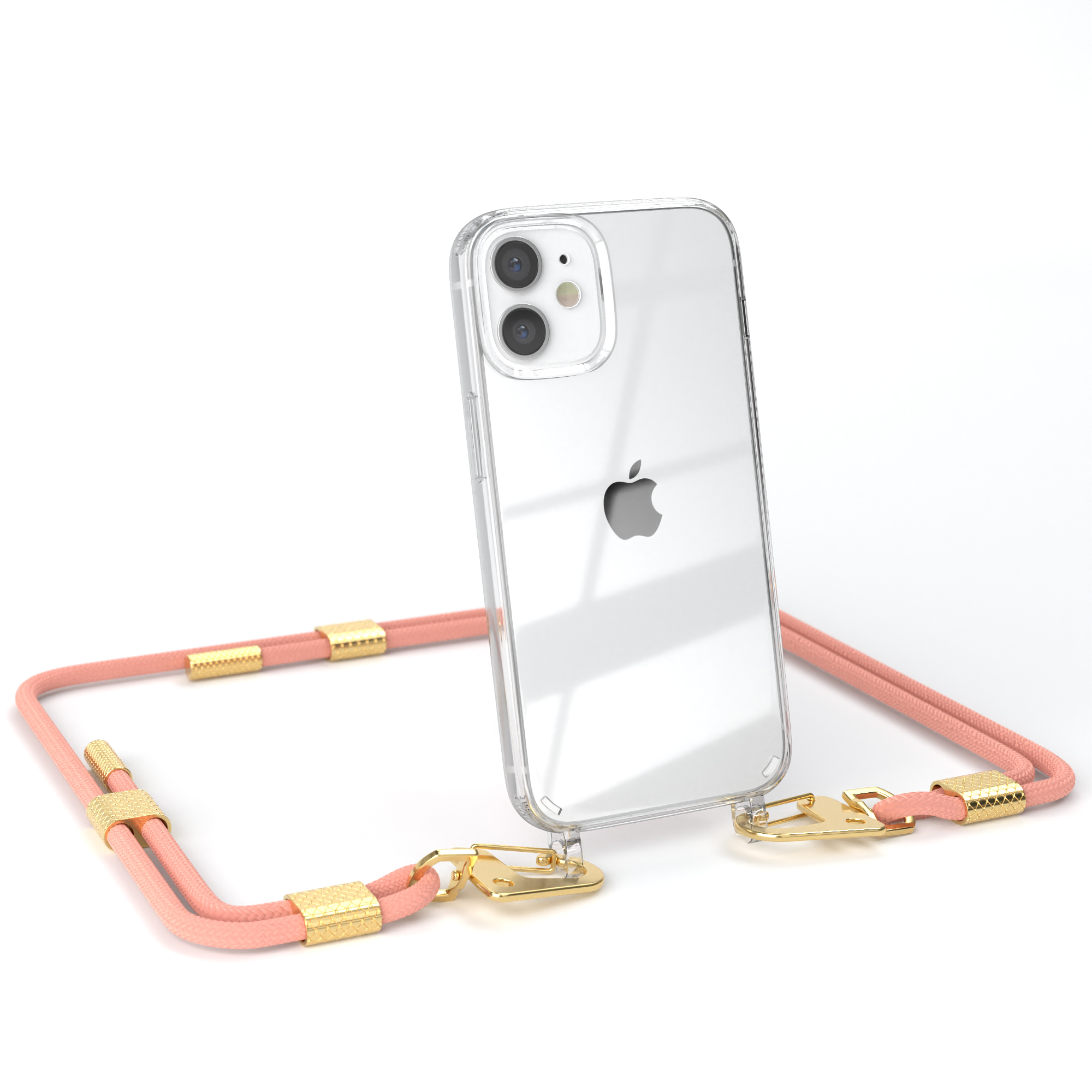 iPhone in klarer Hülle mit korallenfarbener Kordel. Goldakzente am Kordel.