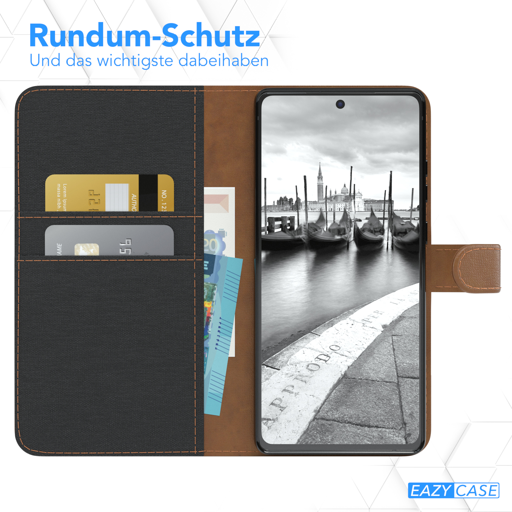 Handyhülle mit Karten und Geld, zeigt eine Venedig-Szene auf dem Handy-Bildschirm.