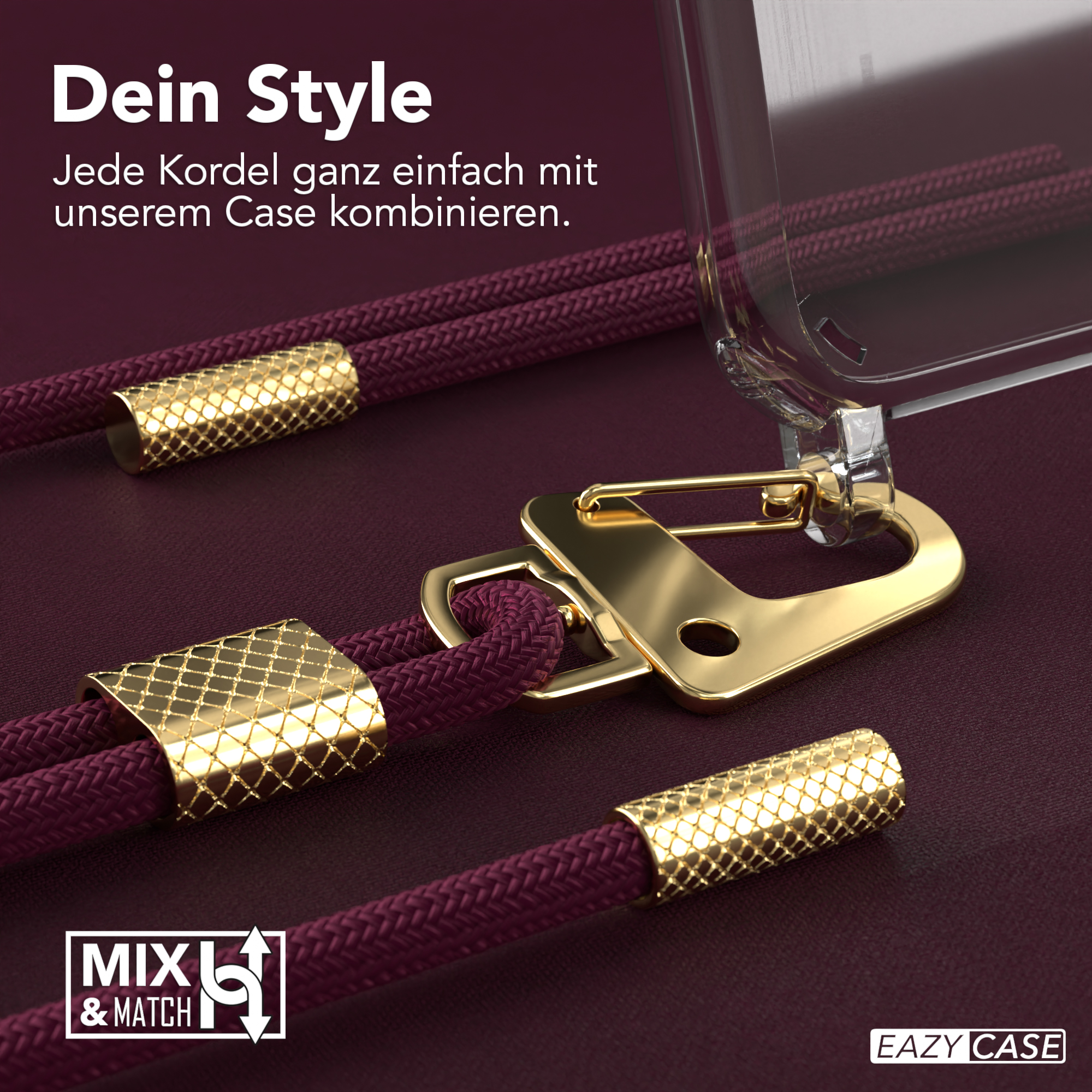 Handyhülle mit weinroten und goldenen Details. Weinrotes Seil und goldener Verschluss. Nahaufnahme der Details.
