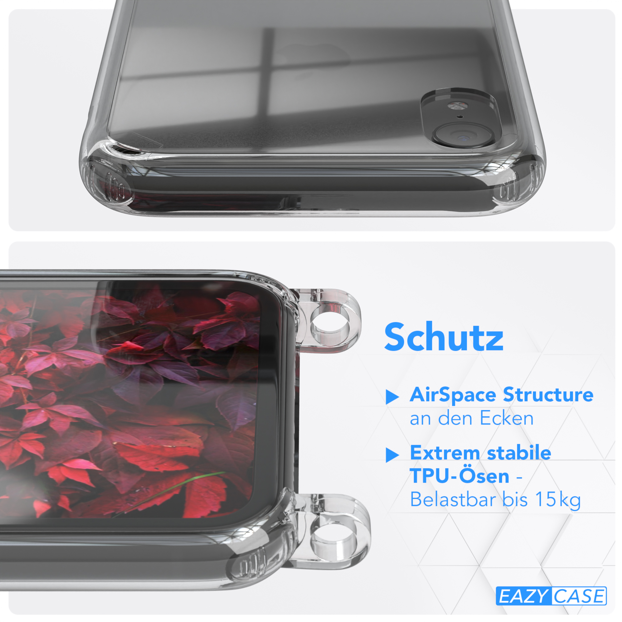 Nahaufnahme einer transparenten Handyhülle mit roten Blättern. Text: 'Schutz' und 'AirSpace Structure'.