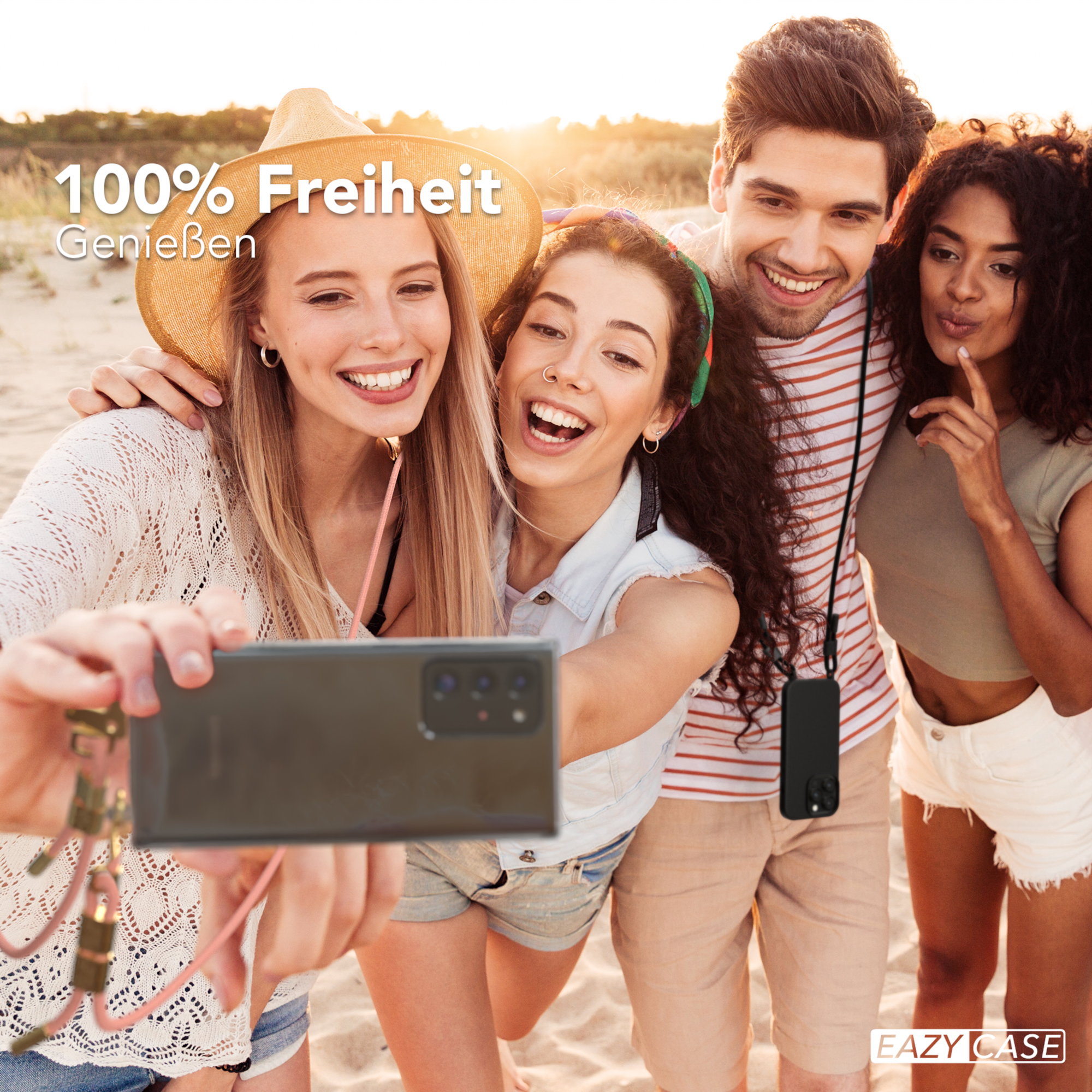 Vier Personen machen ein Selfie. Text: 100 % Freiheit. Genießen.