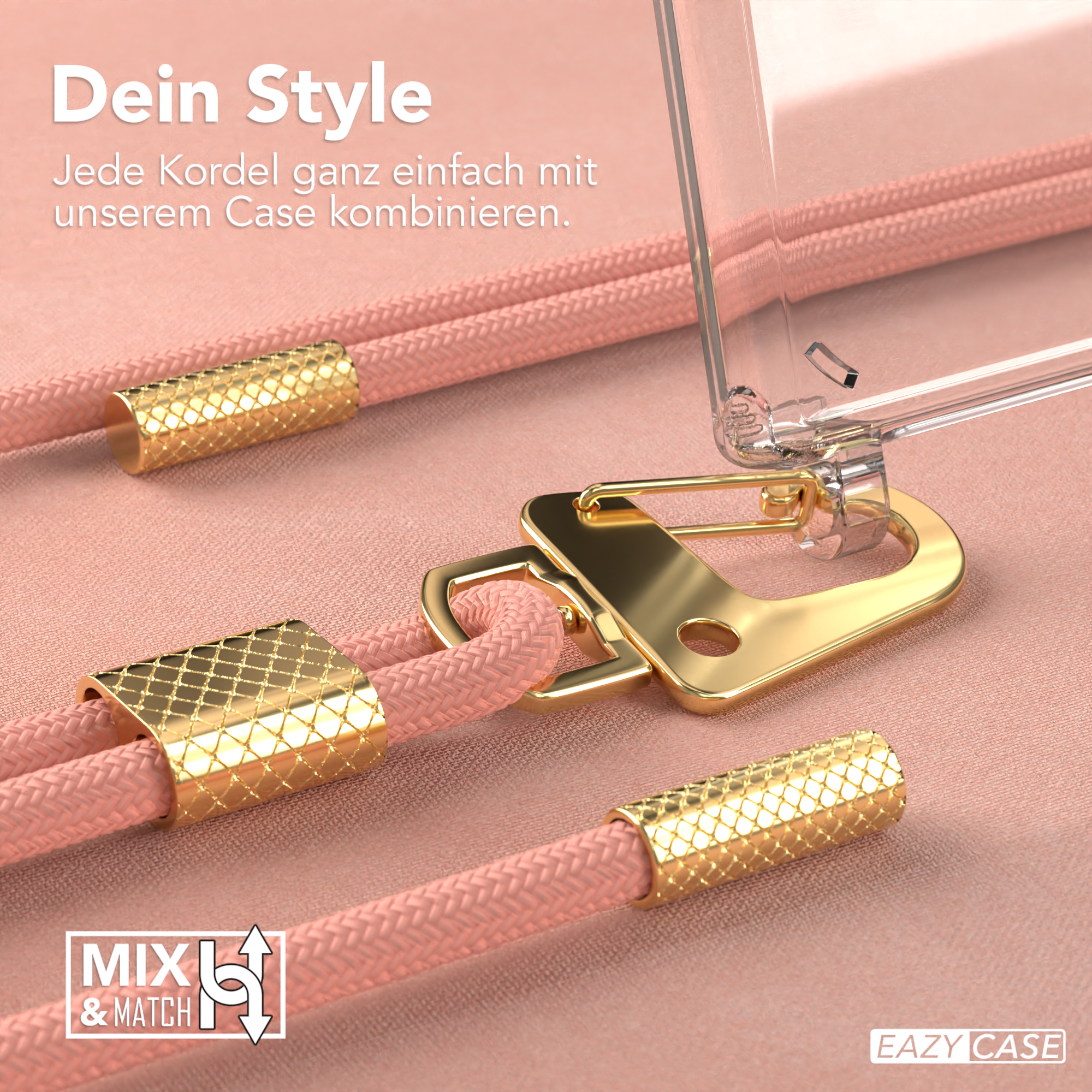 Nahaufnahme von Telefonschnur und goldfarbenen Aufsätzen. Rosa Kabel mit Golddetail, transparente Handyhülle.