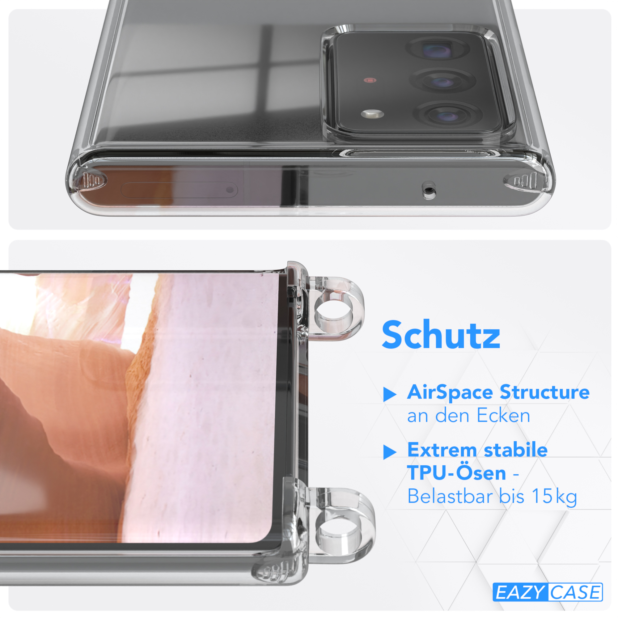 EAZY CASE Transparente Handyhülle mit runder Karabiner, 5G, Altrosa Galaxy Ultra / Gold + Note / Note Umhängetasche, Samsung, 20 Kordel 20 Ultra