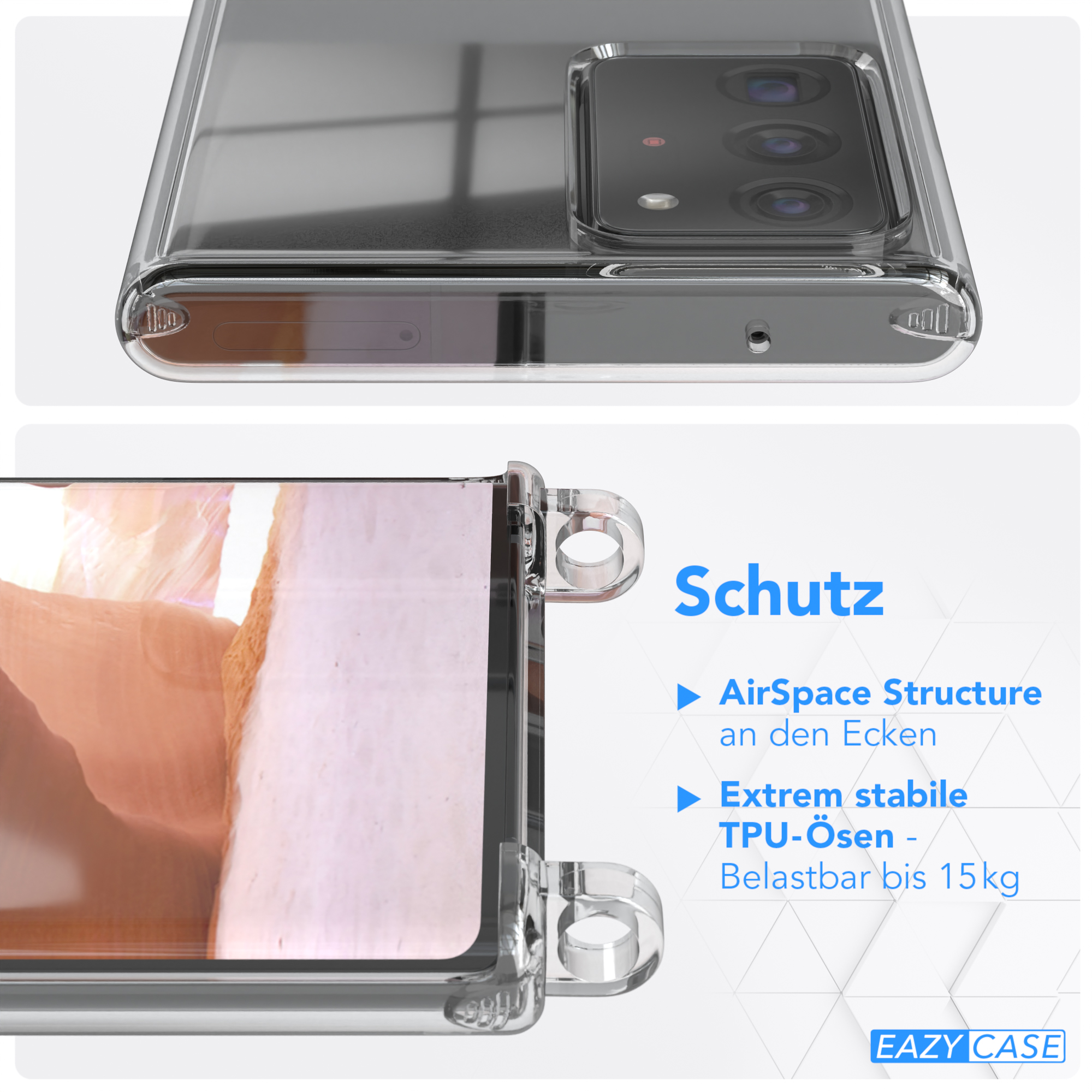 Eine transparente Handyhülle mit Nahaufnahmen der Ecken und Kanten, die Schutzfunktionen zeigen.