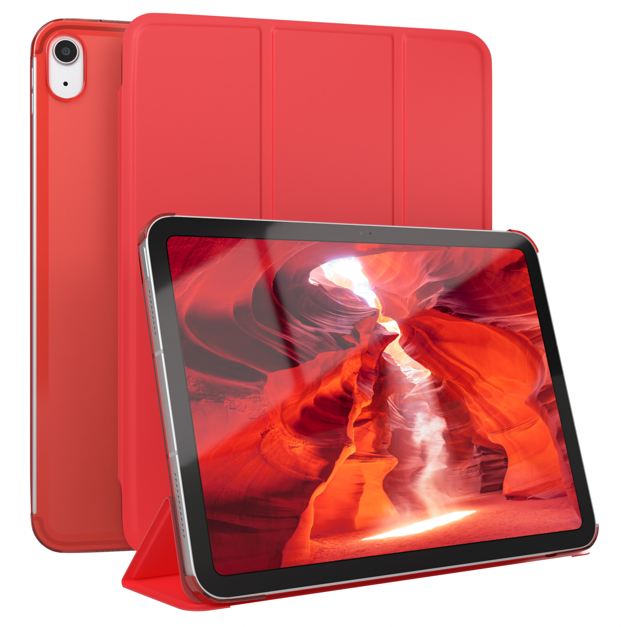 Rotes Tablet mit roter Hülle. Der Bildschirm zeigt einen Canyon.