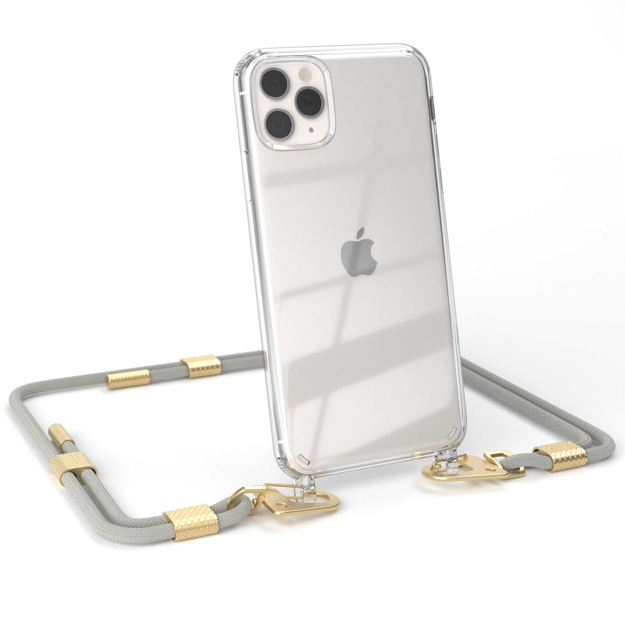 Transparente Handyhülle mit grauem Umhängeband. Ein Telefon ist in der Hülle. Weißer Hintergrund.