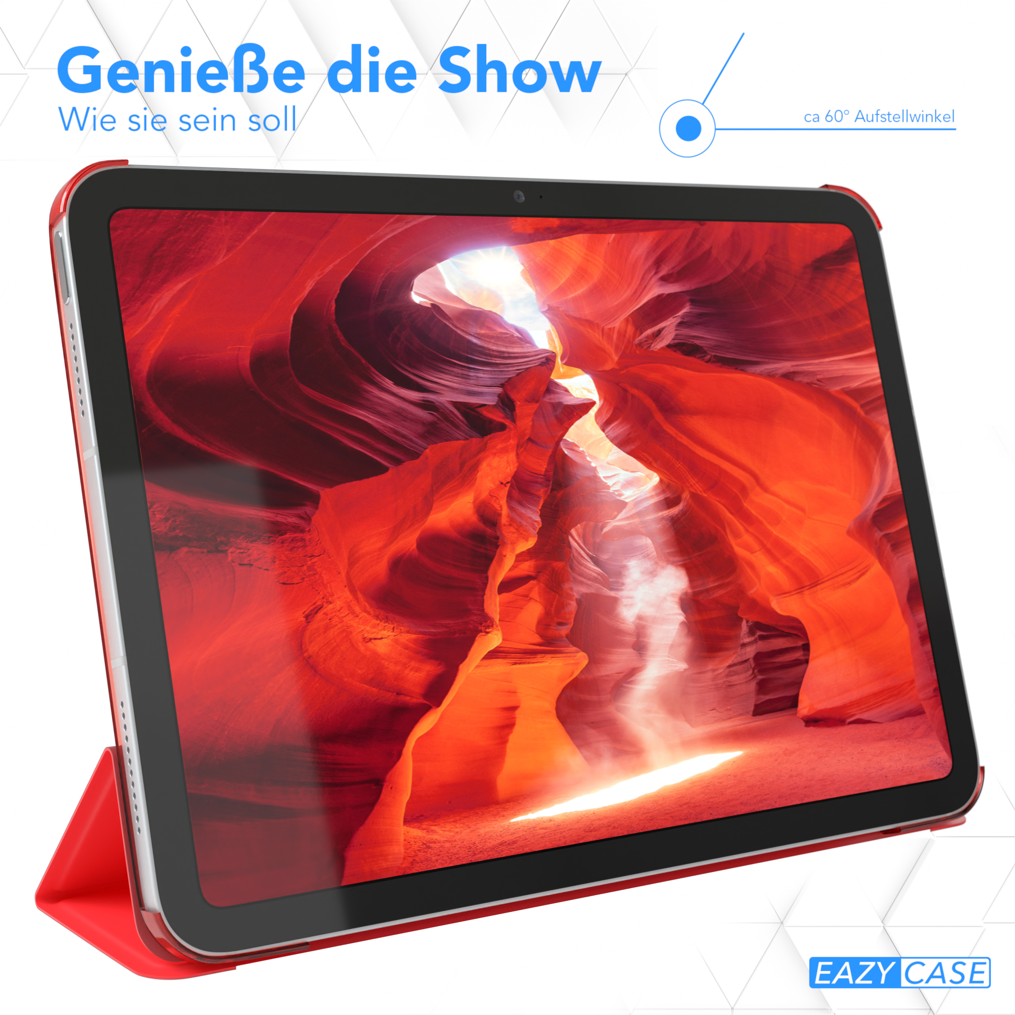 Tablet in rotem Case, zeigt eine rote Felsenschlucht-Szene.