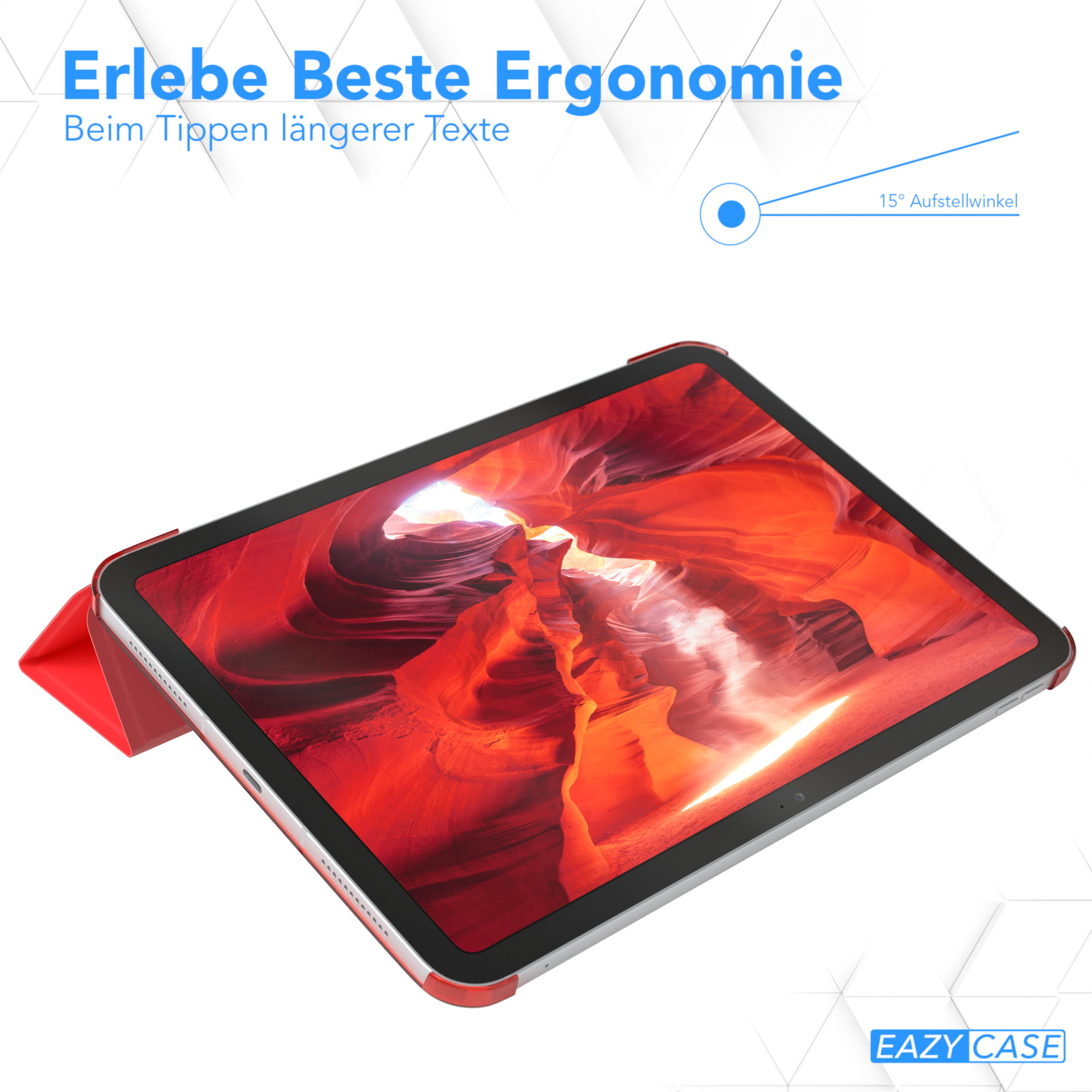 Tablet mit roter Hülle, zeigt ein Landschaftsbild, und Text 'Erlebe Beste Ergonomie'.