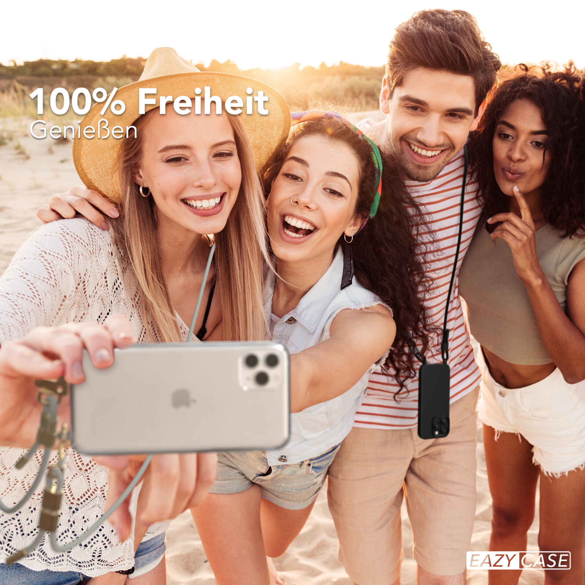 Freundesgruppe macht ein Selfie mit einem Telefon. Text auf Deutsch, '100% Freiheit'