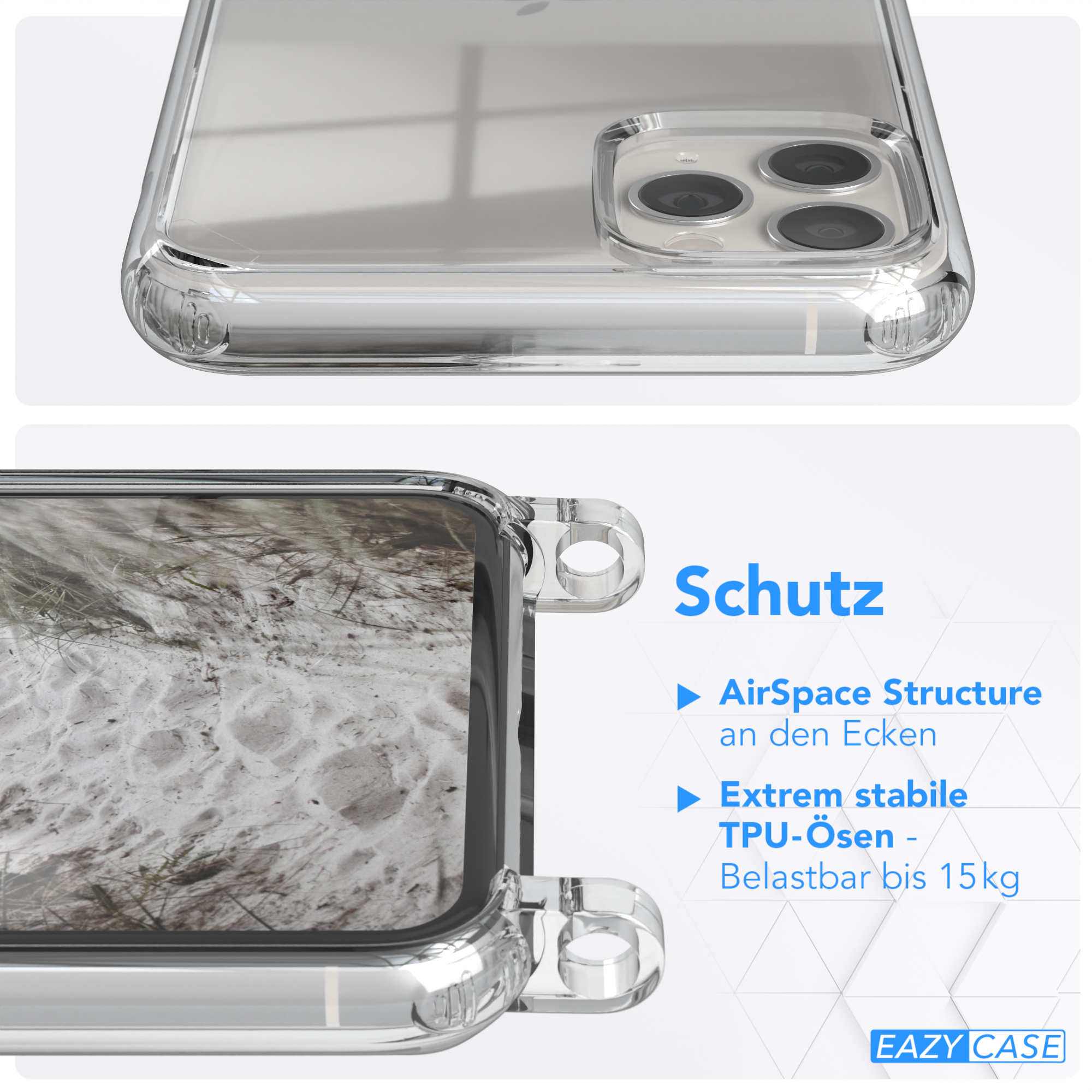 Eine transparente Handyhülle, Nahaufnahme. Text: Schutz. EAZY CASE-Logo.