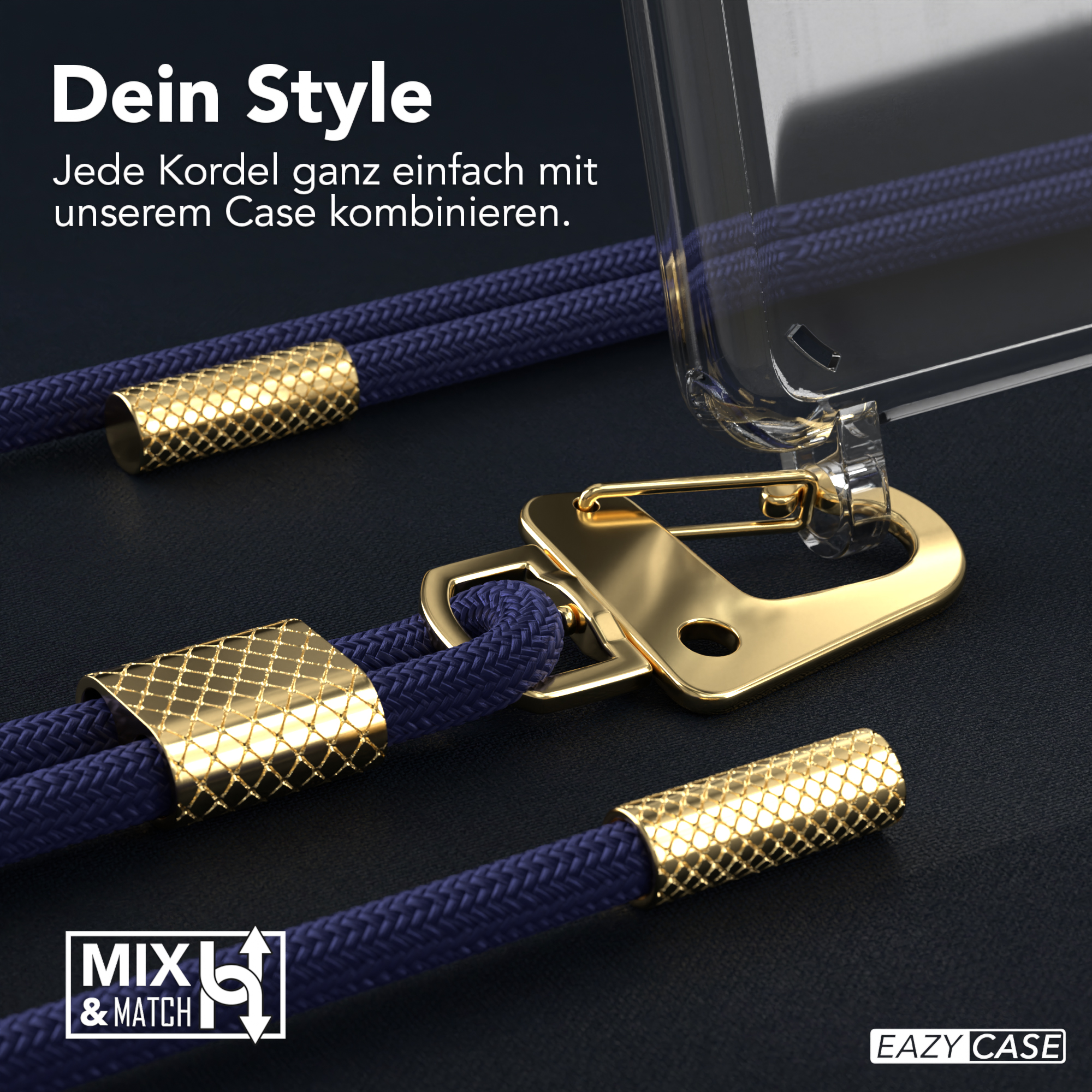 Nahaufnahme eines Telefon-Lanyards mit goldfarbenem Metall und blauem Seil. Das Lanyard liegt.