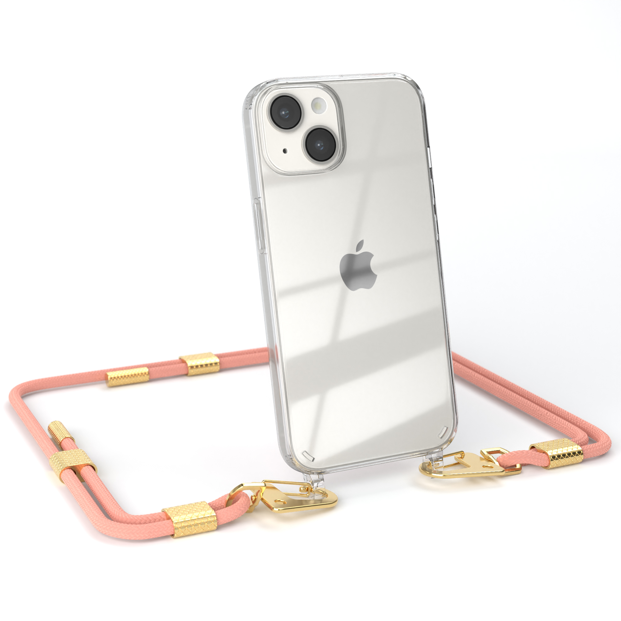 Transparente iPhone-Hülle mit pinkfarbenem Riemen. Das iPhone ist sichtbar und hat zwei Kameras.