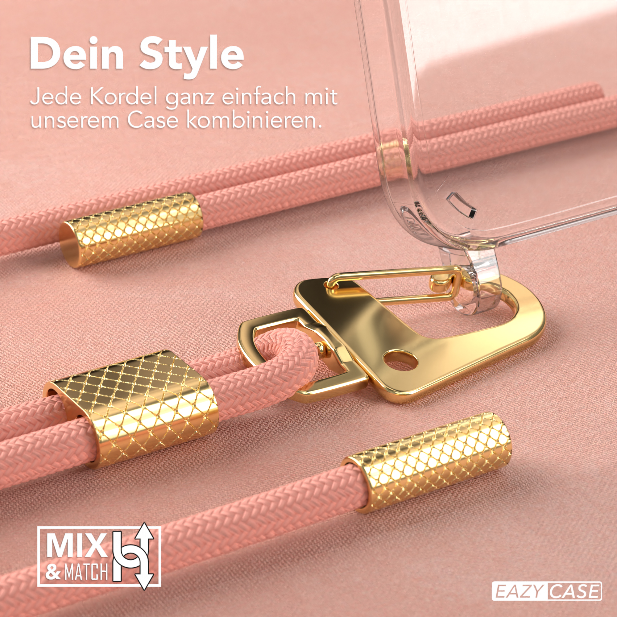 Nahaufnahme eines rosa Telefonkabels mit goldenen Details und einer transparenten Handyhülle.