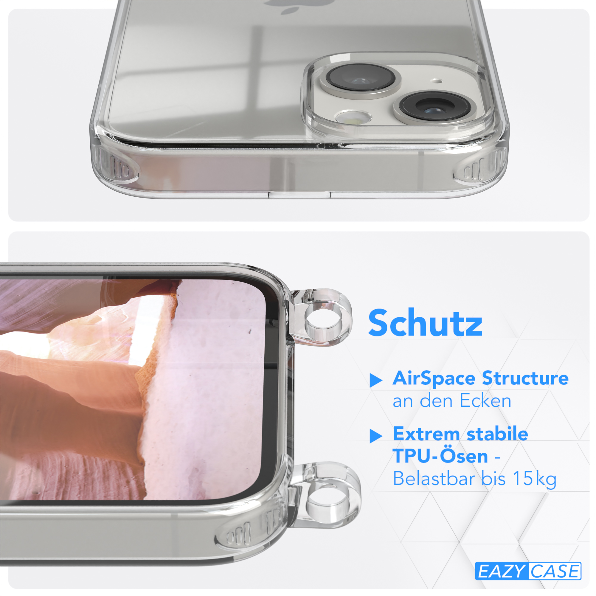 Karabiner, Apple, runder Transparente Handyhülle / mit + CASE iPhone Umhängetasche, Kordel Altrosa Gold 14, EAZY