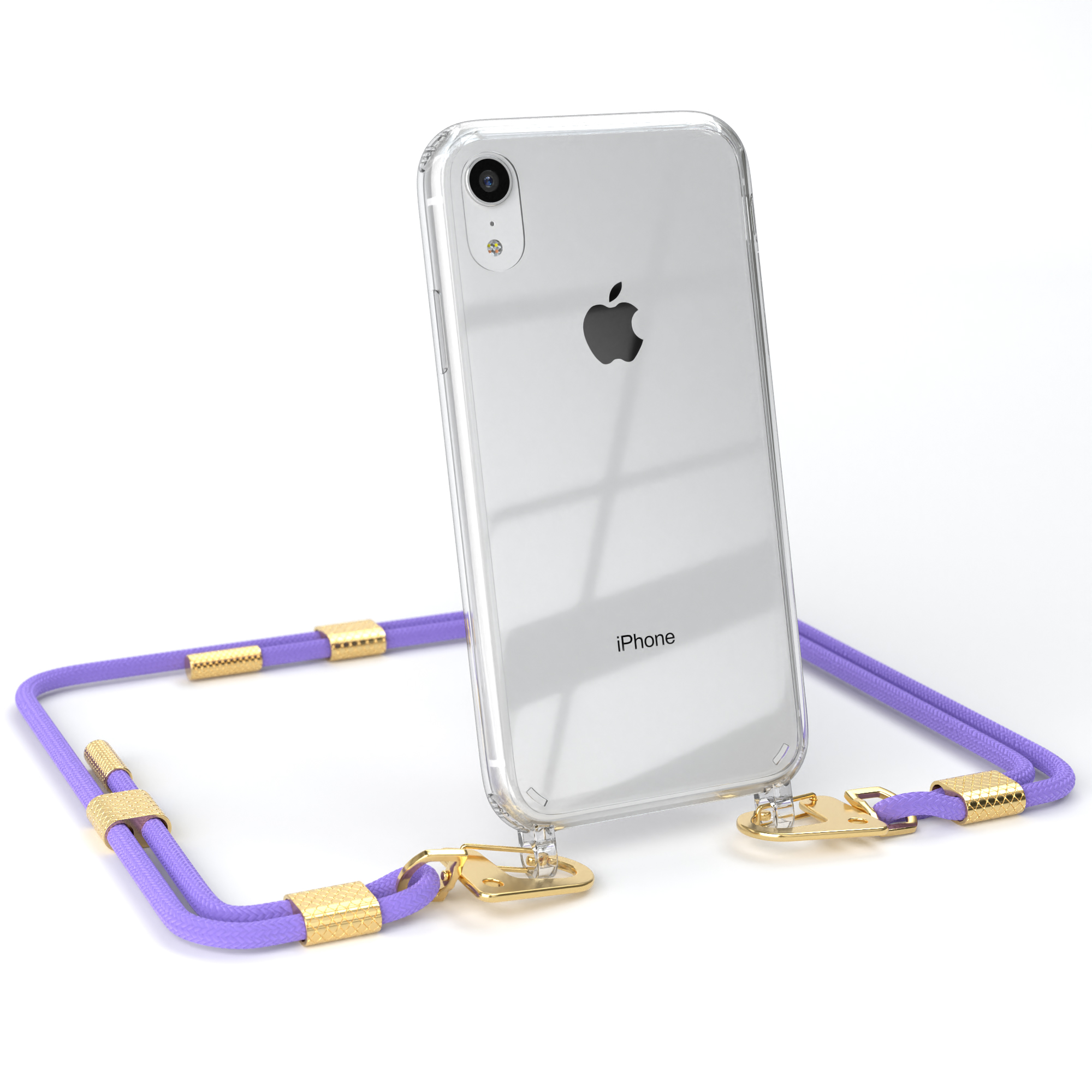 runder Transparente / CASE Apple, XR, Gold Umhängetasche, + iPhone Kordel mit Karabiner, Lila Handyhülle Flieder EAZY