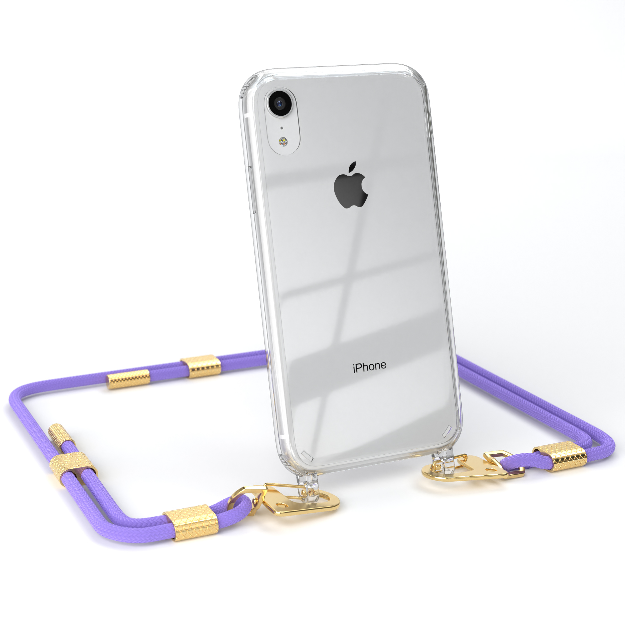 Transparente Handyhülle mit lila Riemen und goldenen Verschlüssen, hält ein iPhone, auf Weiß.