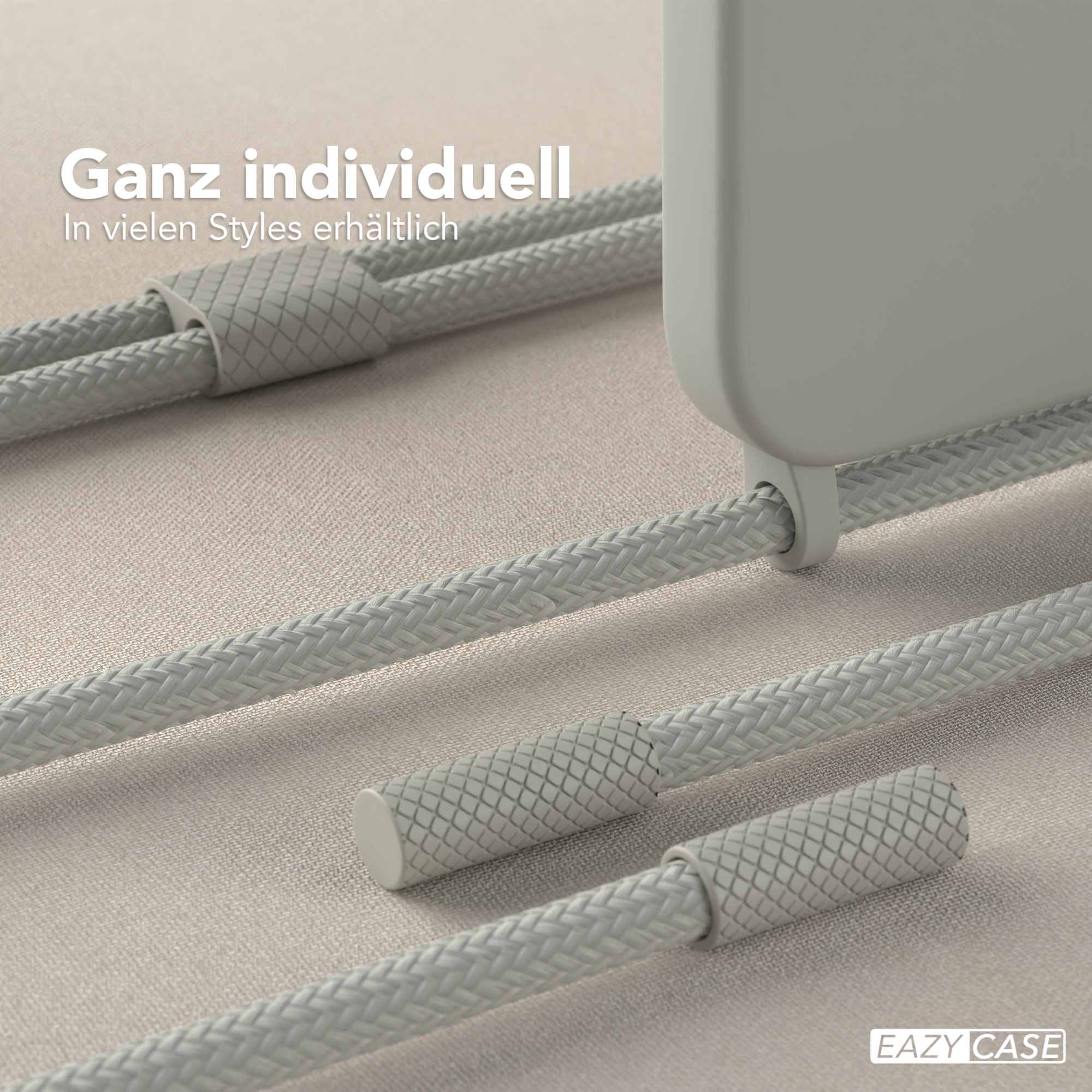 Graues Telefonkabel mit geflochtenen Enden, Text: Ganz individuell.