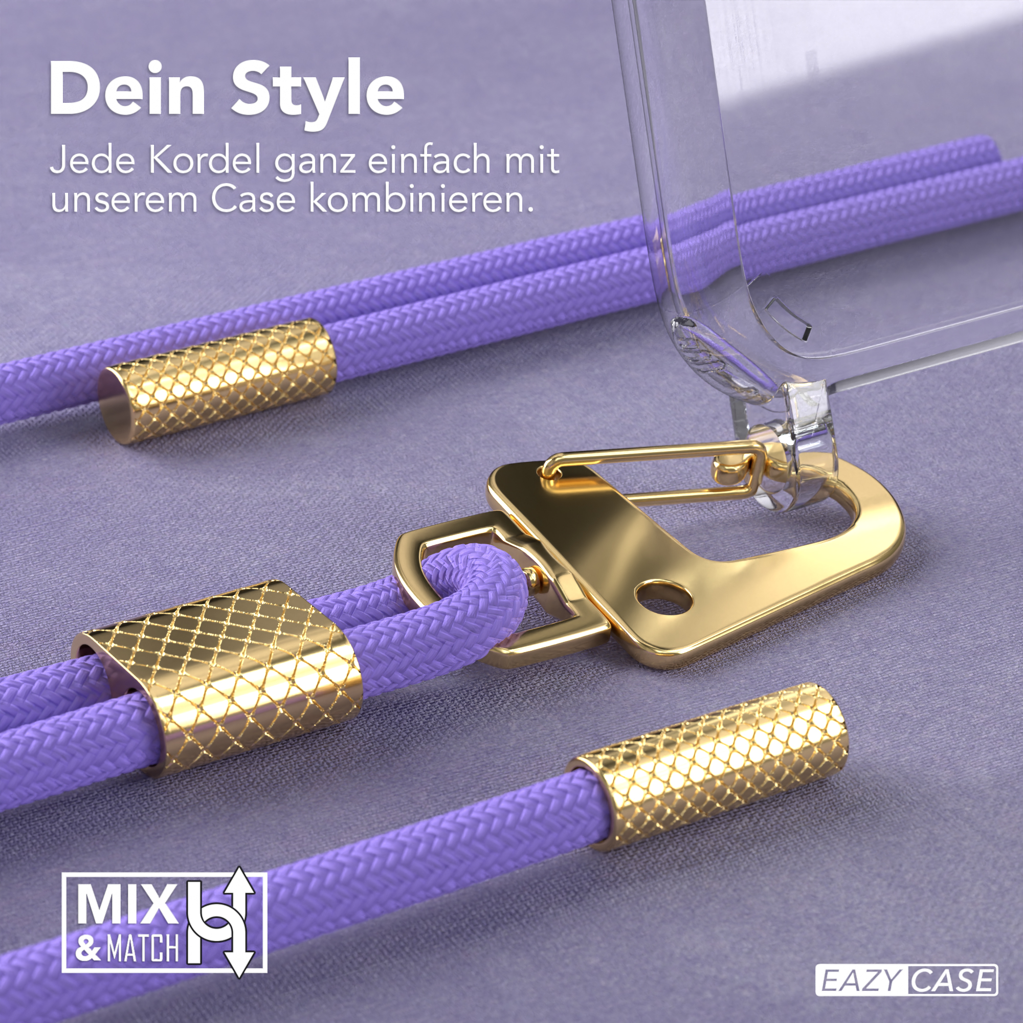 Nahaufnahme von lila Telefonkabeln mit goldenen Akzenten und einer transparenten Handyhülle.