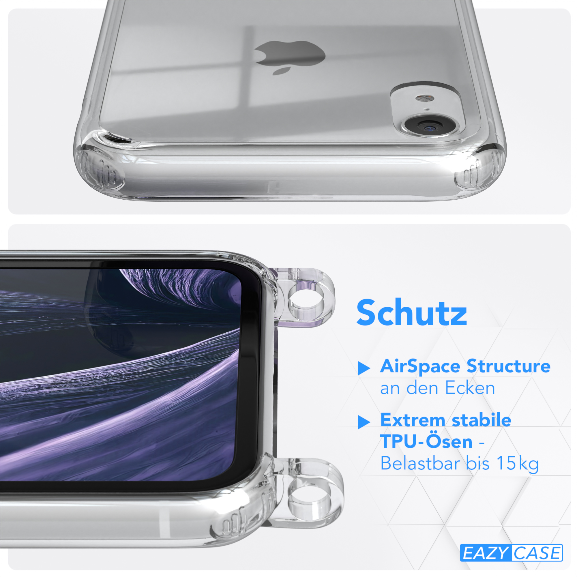 Transparente Handyhülle mit Telefon. Text: AirSpace Structure, Extrem stabile TPU-Ösen.