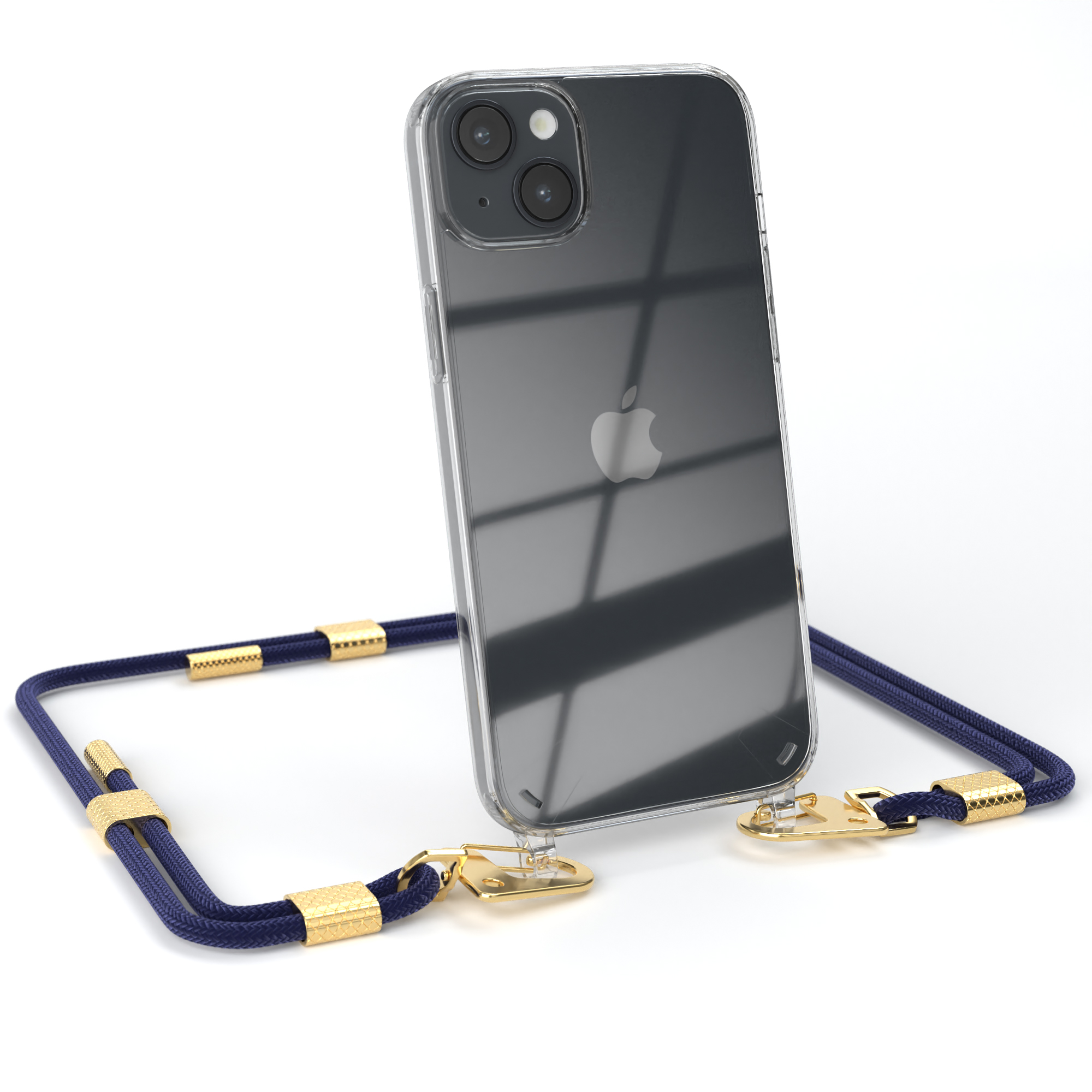 EAZY CASE Transparente Handyhülle Apple, / iPhone mit Umhängetasche, runder Kordel Nachtblau + Karabiner, 14 Gold Plus