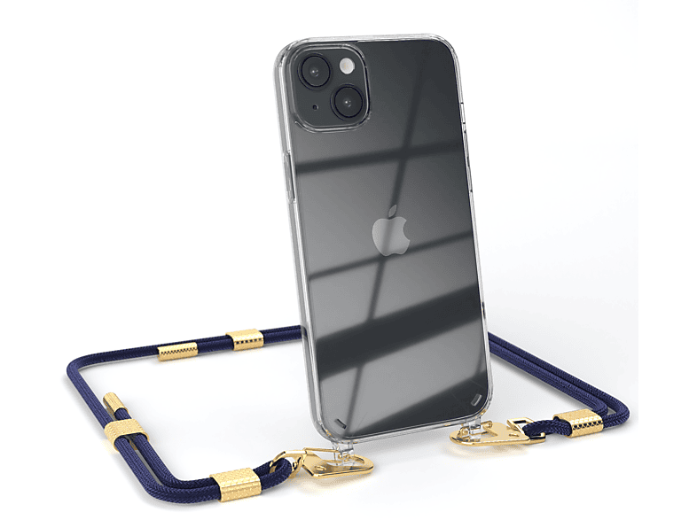 EAZY CASE Transparente Handyhülle mit runder Kordel + Karabiner, Umhängetasche, Apple, iPhone 14 Plus, Nachtblau / Gold