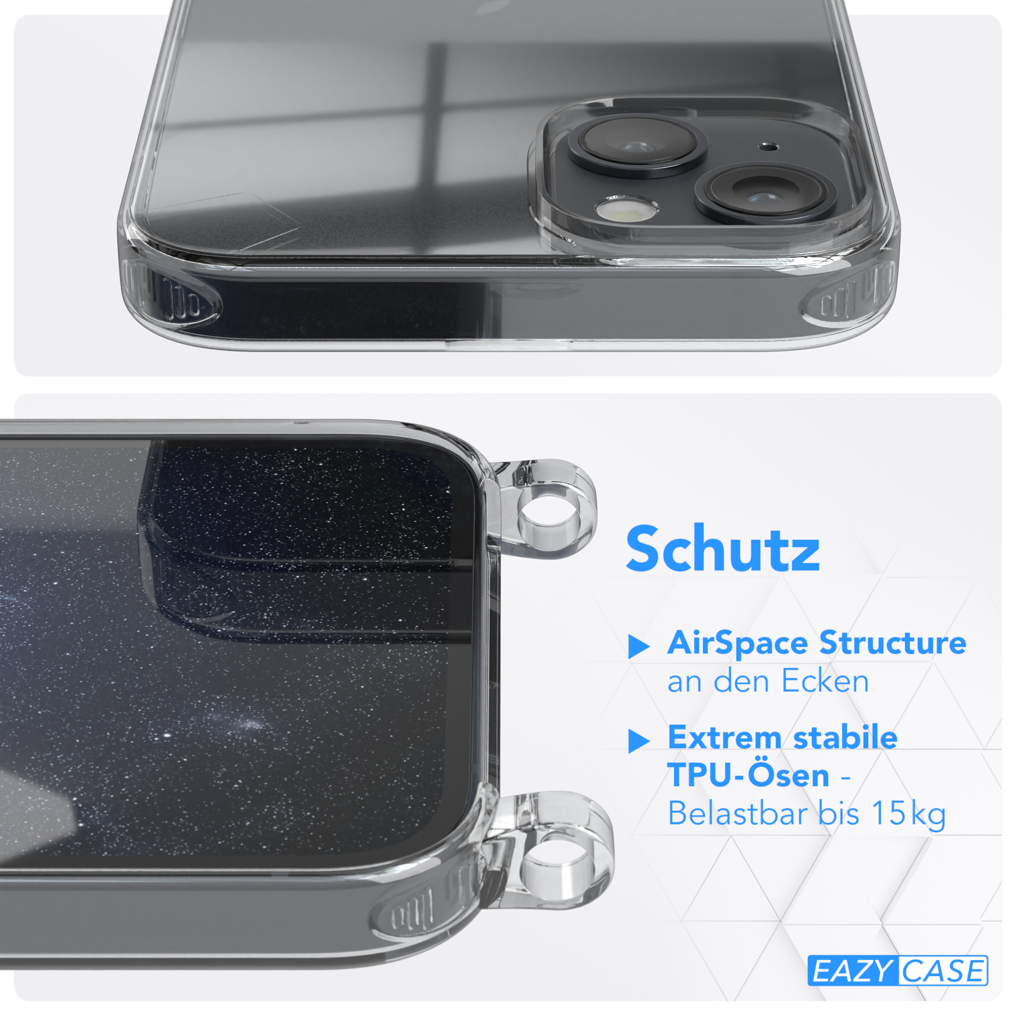 Nahaufnahme einer Handyhülle. Zeigt Schutzfunktionen, mit Text über AirSpace Structure.
